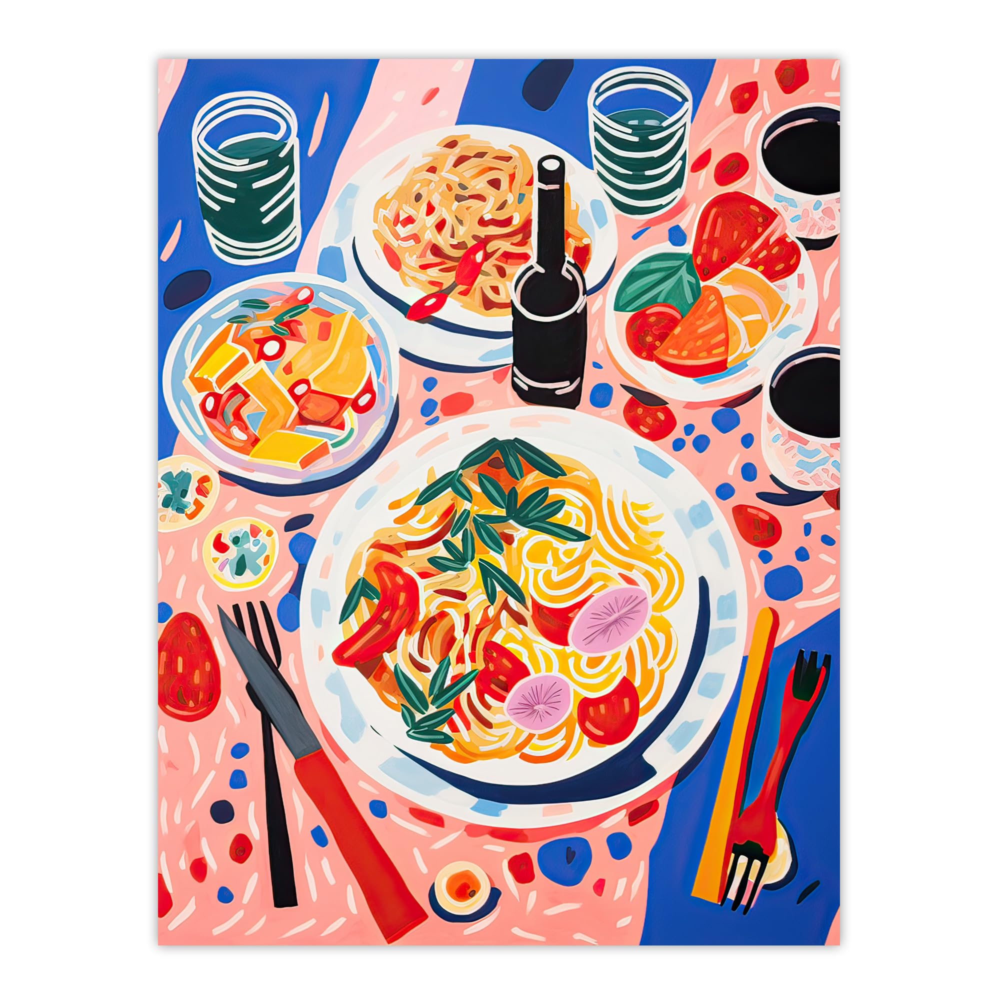 Artery8 Spaghetti Pasta Night Henri Matisse Style Painting Large Wall Art Poster Print Thick Paper 18X24 Inch