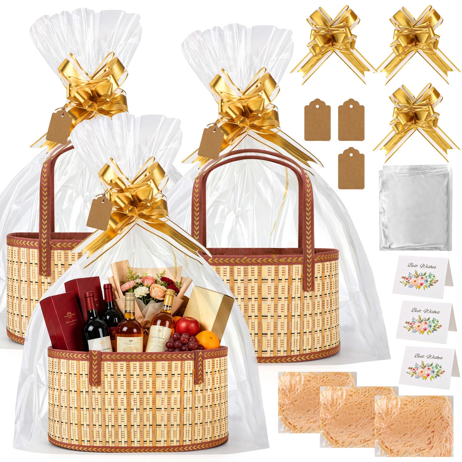 3 Set Empty Hamper Baskets, 30 * 20 * 15CM Sturdy Hamper Baskets for Gifts Empty to Fill, Large Woven Bamboo Gift Basket Hamper Kit with Handles, DIY Gift Hamper Sets for Wedding Gift, Give Gifts