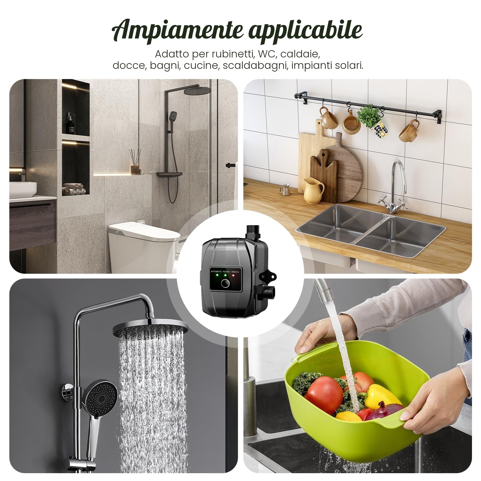 Pompa di aumento della pressione, 24 V, pompa di aumento dellacqua domestica, automatica, mini pompa per doccia calda e fredda con accessori di installazione per acqua di rubinetto, WC, bagno, 150 W