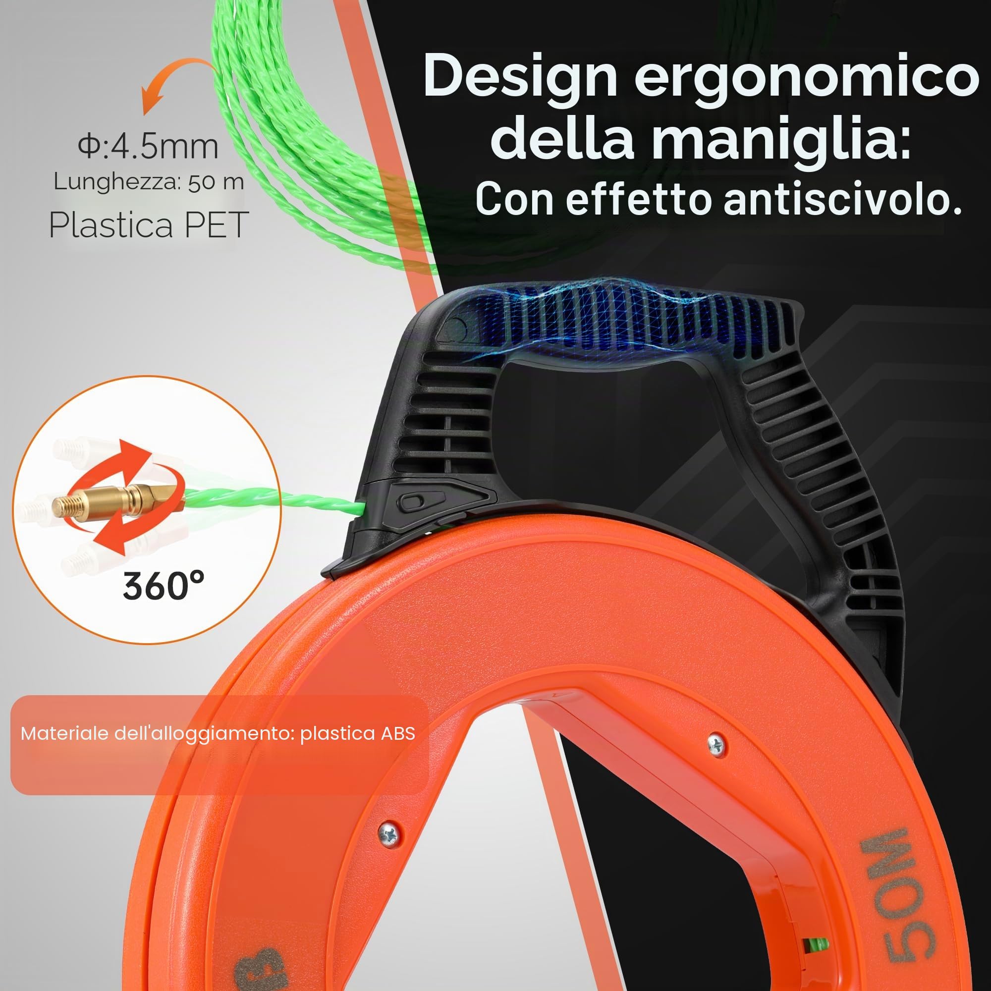 Sonda Passacavi Φ4,5mm 50m, Sonda Elettricista 50m, Cavo di Trazione in Poliestere Aiuto Alla Ritrazione del Nastro di Pesce Per Il Cavo con 7 tipi di accessori, con Alloggiamento in Plastica