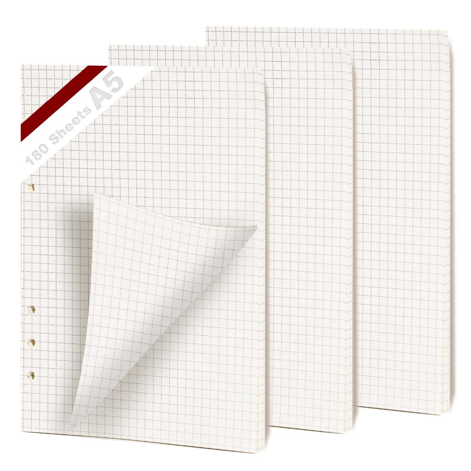 KINETOX 3 Pack A5 Squared Filler Paper 180 Sheets Squared Paper 6-Ring Binder Planner Insert Refill Pad A5 Replacement Papers for Organiser Planner Inserts Notebooks Diaries Sketchbooks Planners