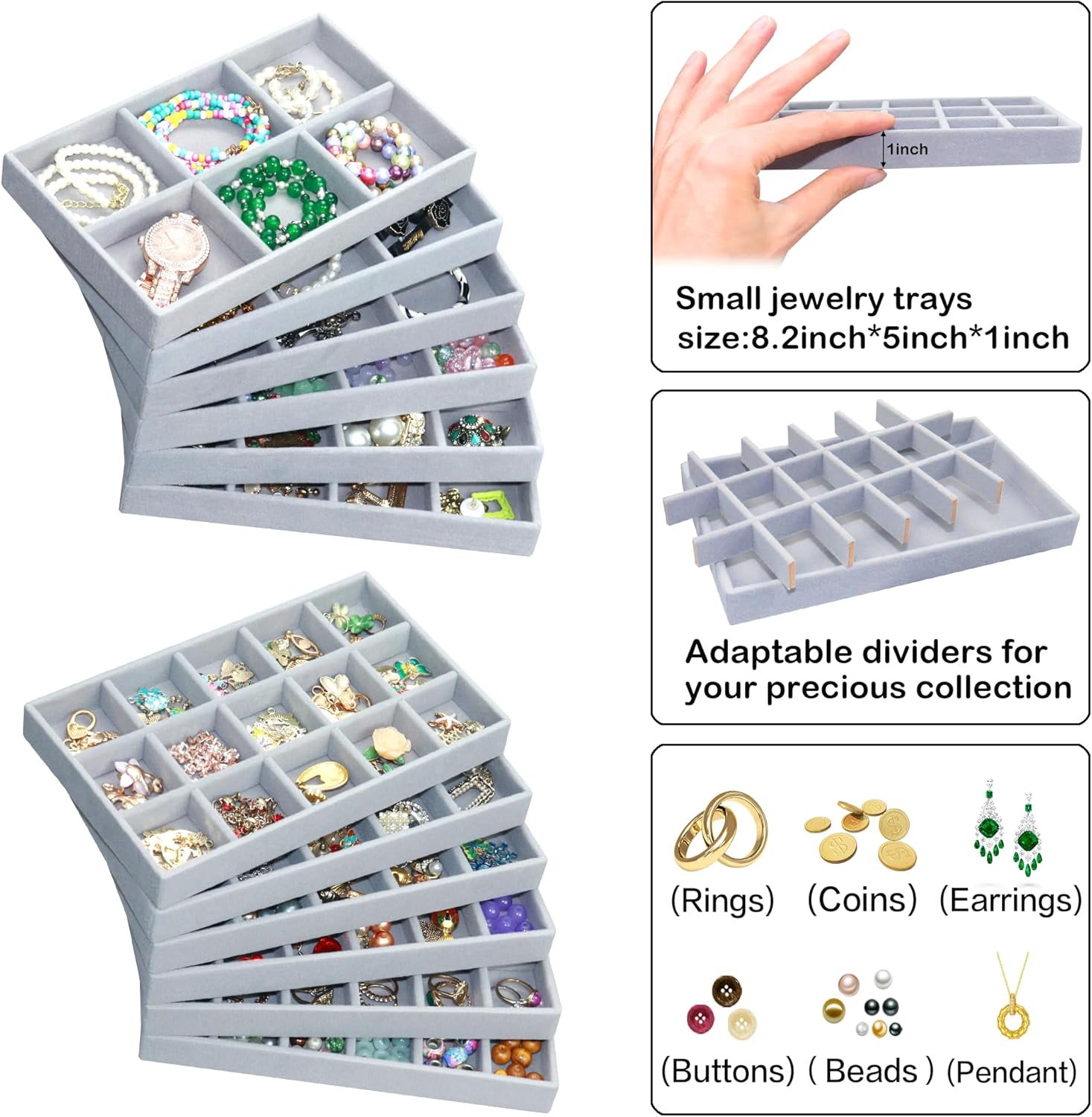 12 Pack Velvet Jewelry Drawer Organizer Trays Stackable Jewelry Storage Inserts Set Jewelry Tray for Earring Necklace Rings Bracelet with Removable Dividers for Dresser & Vanity