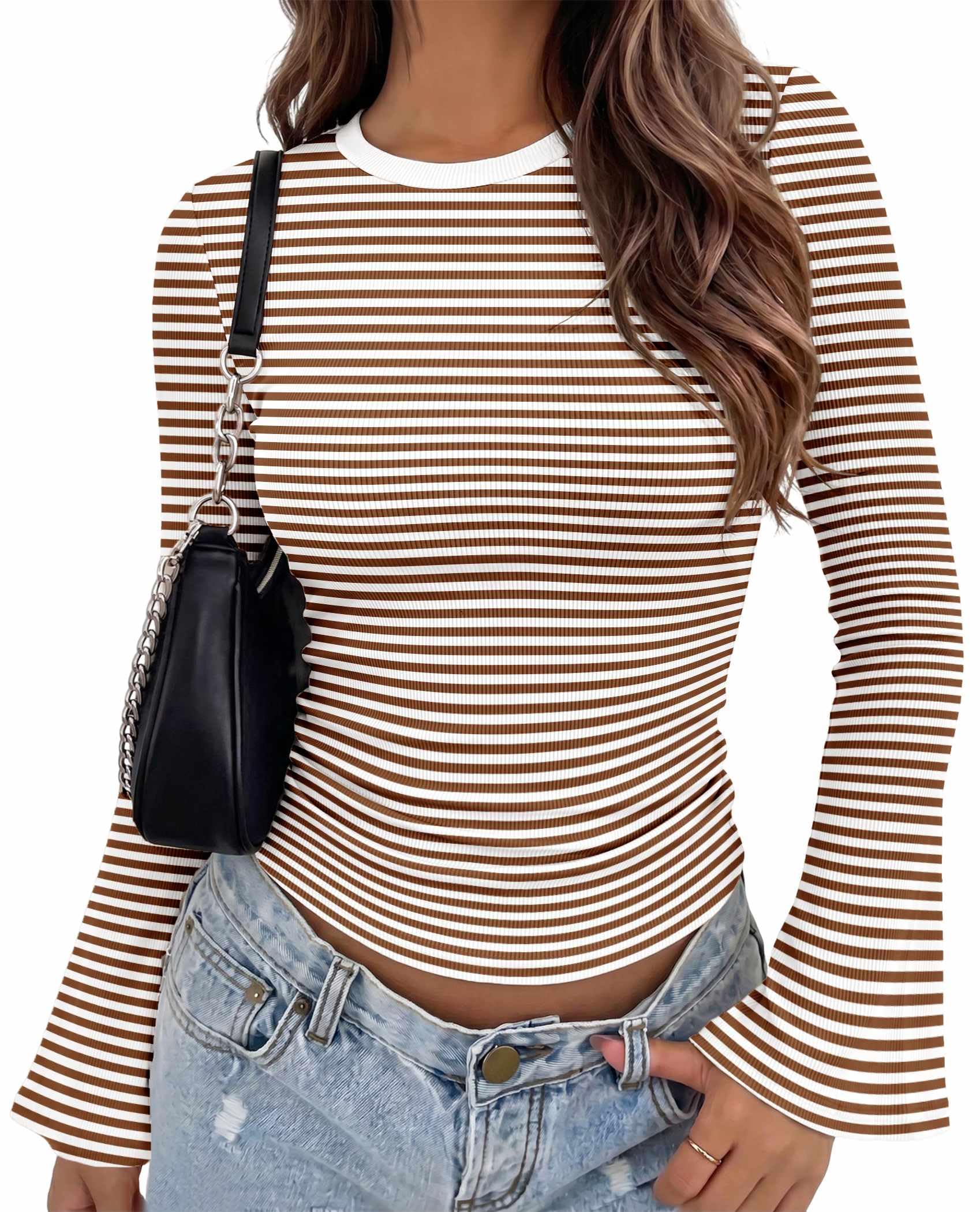 Zeagoo Womens Bell Long Sleeve Tops Crewneck Ribbed Knit Shirts