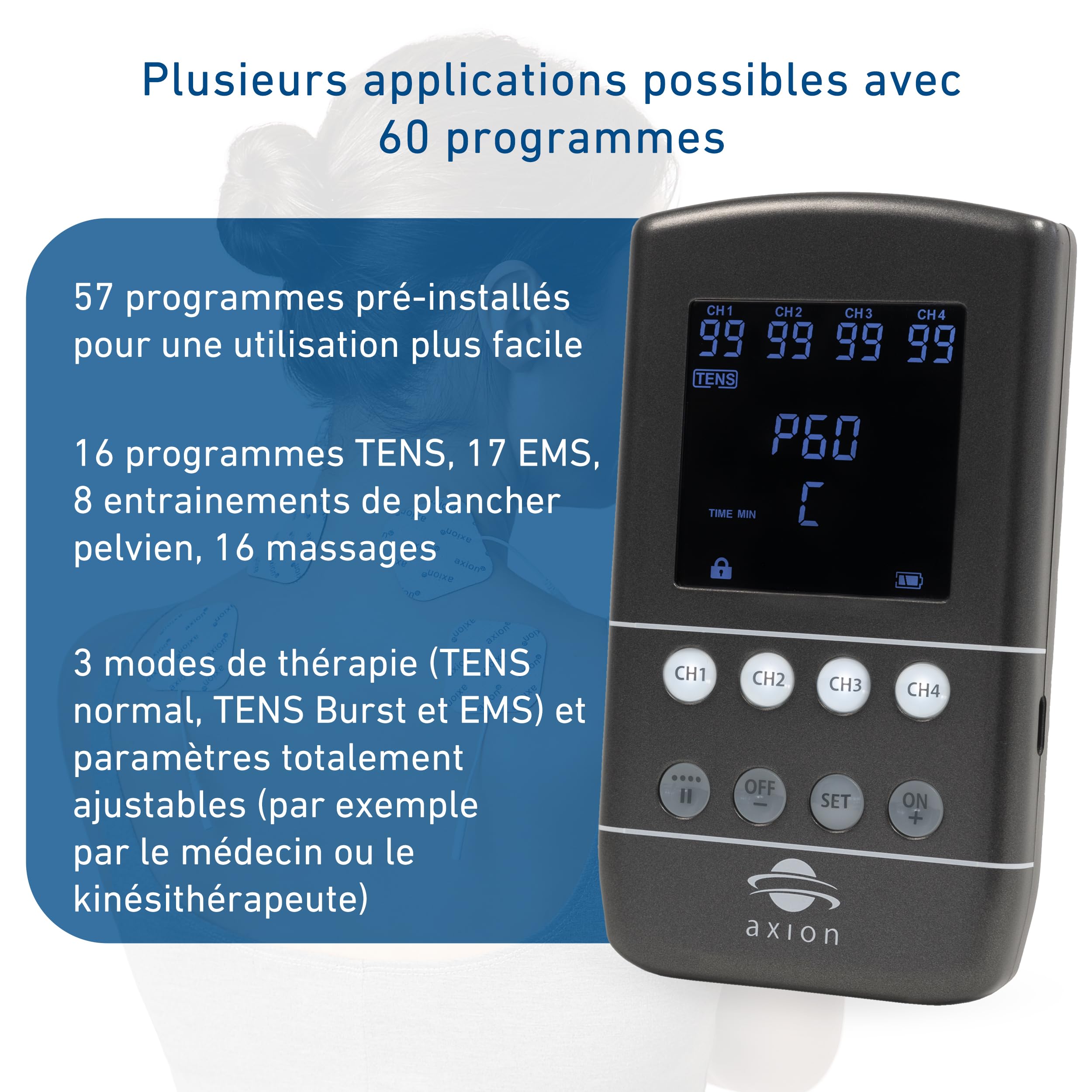 Appareil combiné TENS EMS STIM-PRO X9B - 4 canaux dans un set avec 8 pièces 5x5cm, 4 pièces 10x5cm, électrodes spéciales autocollantes & spray de contact - Thérapie de la douleur, renforcement