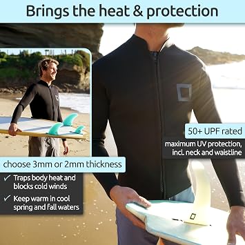 Men's Wetsuit Top Jacket 2mm or 3mm - Neoprene Long Sleeve for Warmth & Comfort, Extended Back Flap - Ideal for Surfing, Snorkeling & Watersports