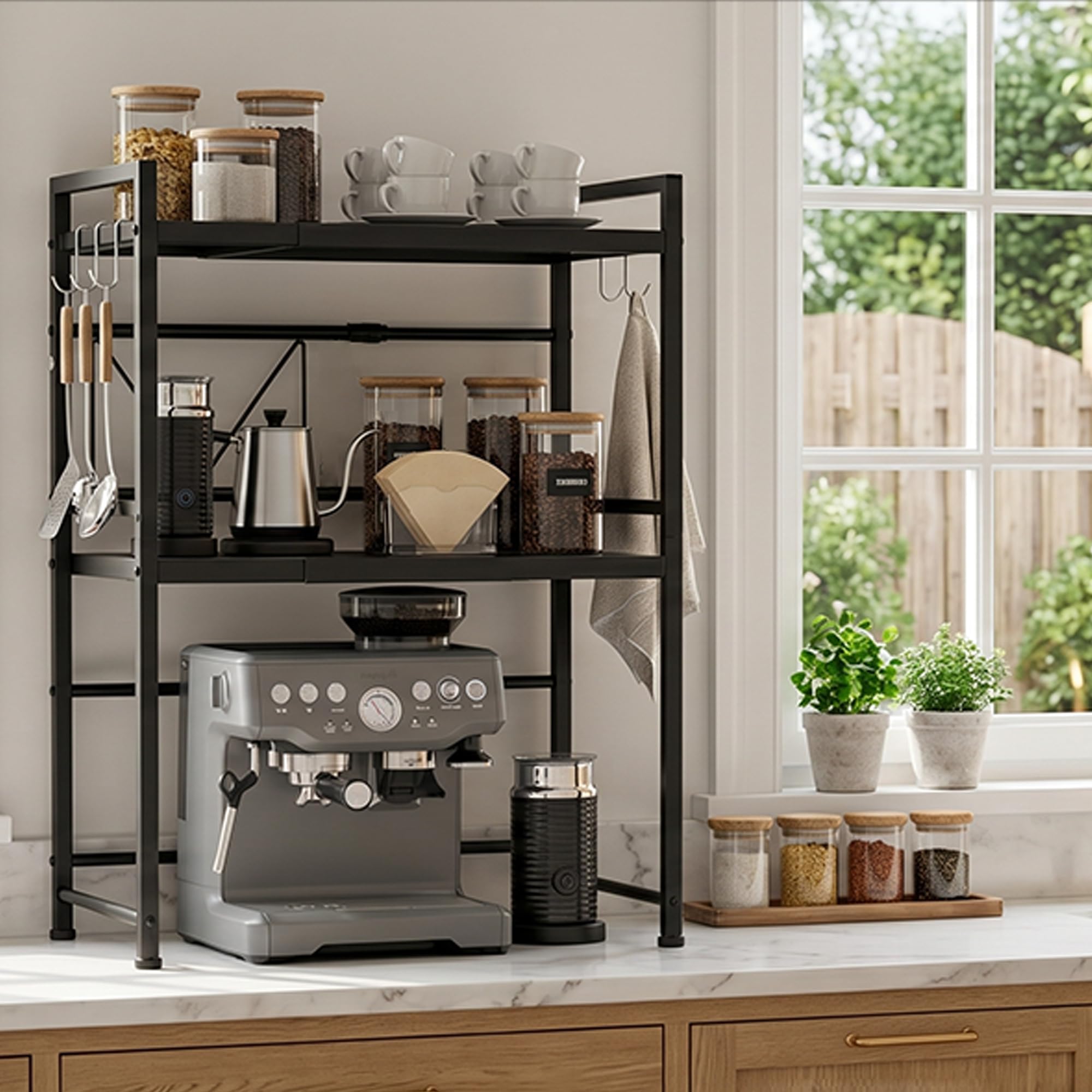 Supporto da forno a microonde estensibile, organizer da cucina a 2 livelli con 3 ganci, ripiano in acciaio al carbonio, capacità di peso di 55 LB, nero (2 livelli)