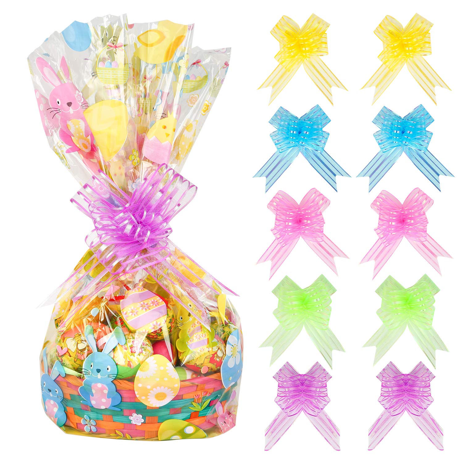 Kolewo4ever 10 Pack Easter Jumbo 32 x 22 Inches Easter Bunny Wrap Bags Cellophane Gift Wrap with 10 Pieces Pull Bows