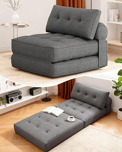 KINGYES Sofá cama plegable, silla convertible con almohada, futón individual plegable, sofá de piso para sala de estar, color gris