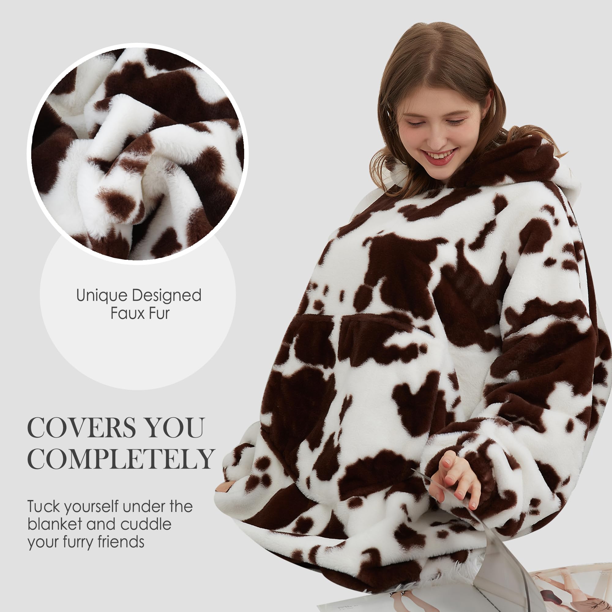 Viviland Felpa con cappuccio oversize super morbida, calda e confortevole, pullover gigante con grande tasca frontale, regalo per donne, uomini, adolescenti, stampa mucca