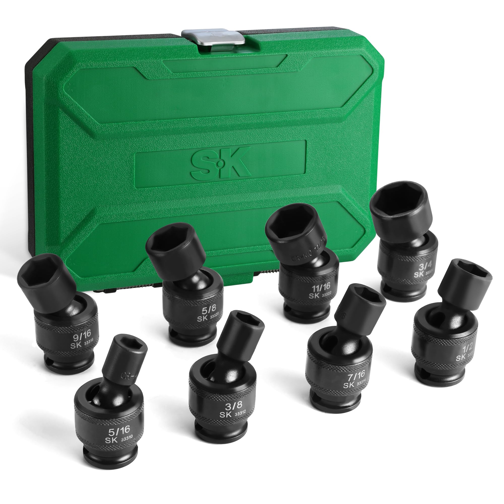 SK 3/8" Drive Universal Swivel Impact Socket Set, SAE Socket Set, 8-Piece, Premium CR-MO Steel, SureGrip 6 Point Design, with Storage Case