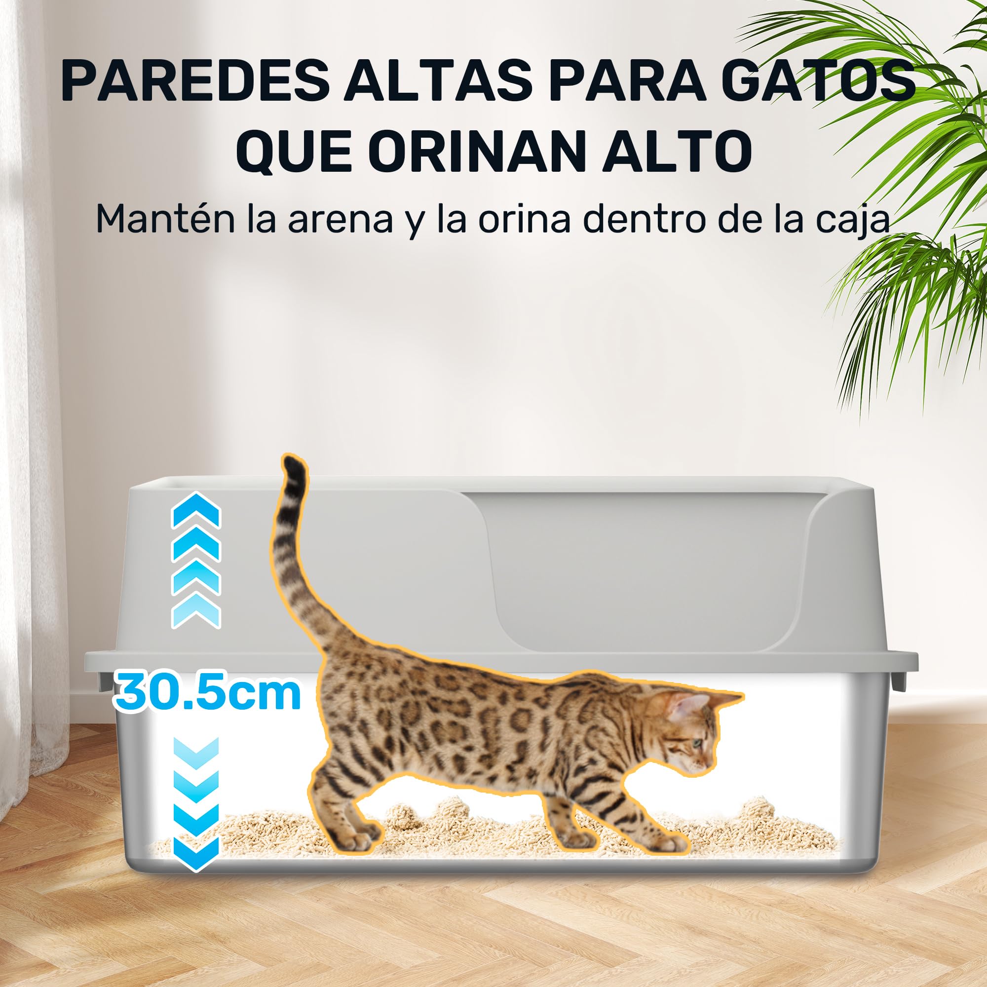 FUKUMARU Arenero para Gatos de Acero Inoxidable XXL, Paredes Altas, Gran Capacidad de 30L, con Dos Bolsas de Arena para Gatos de Tofu, No Adhesivo, Fácil de Limpiar, Incluye Pala, 60x40x30cm