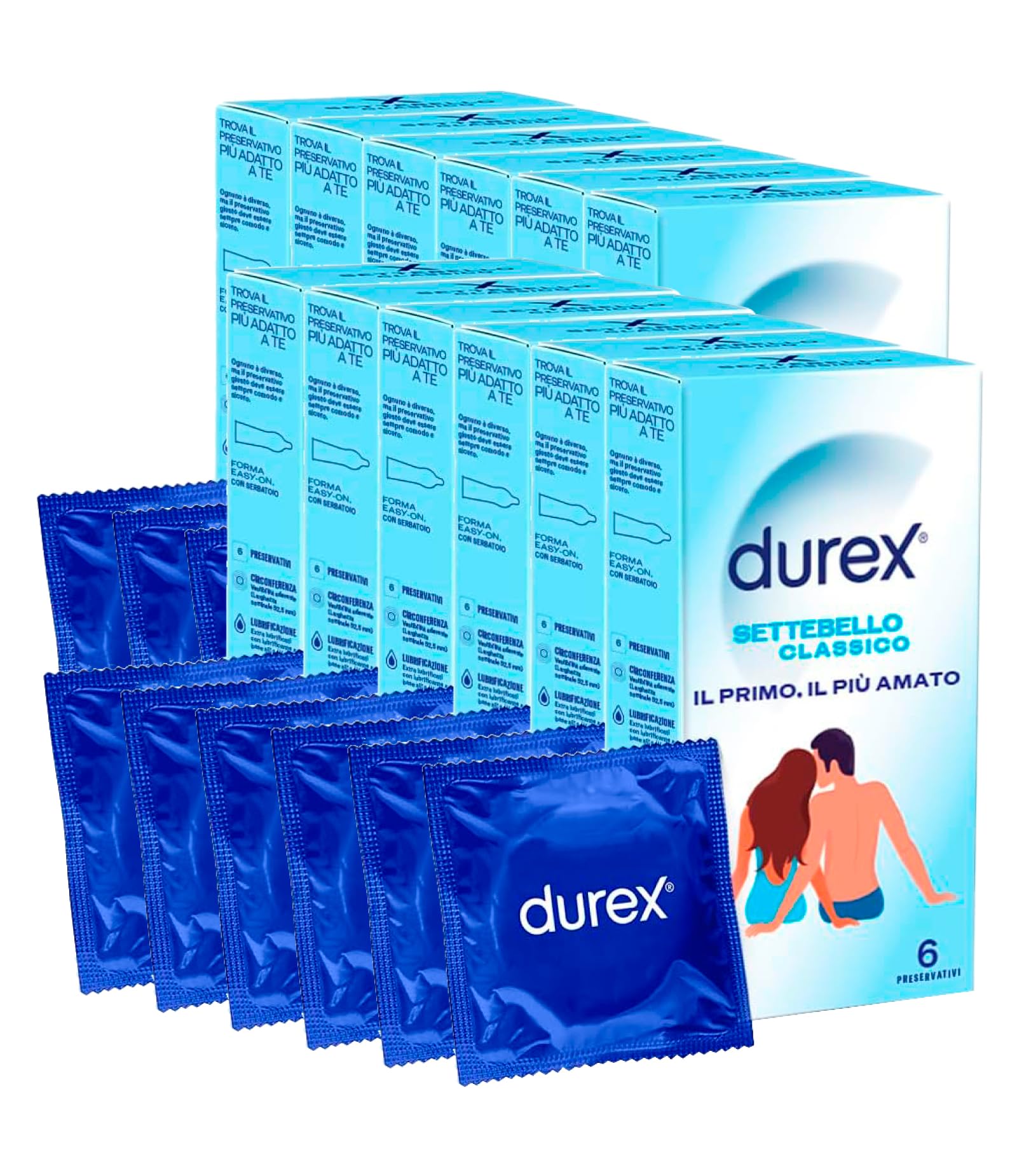 Durex Settebello Classico Preservativi Uomo in Lattice di Gomma Naturale Trasparenti Extra Lubrificati Forma Easy-On con Serbatoio Vestibilità Aderente Spessore Medio - 12 Confezioni da 6 Profilattici