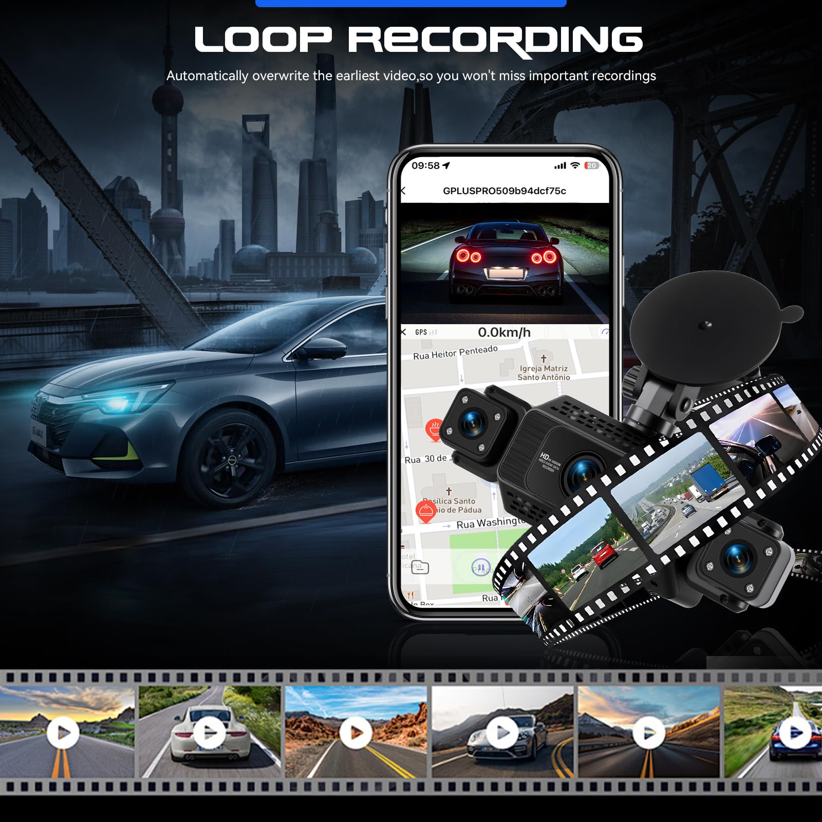 360 Degré 4 Canaux Tout Autour 1080P Car Dash Cam, 3 Pouces IPS Ecran avec WiFi/64GB/G-Sensor/Caméra Arrière/Mode Parking 24H/Vision de Nuit/Enregistrement en Boucle