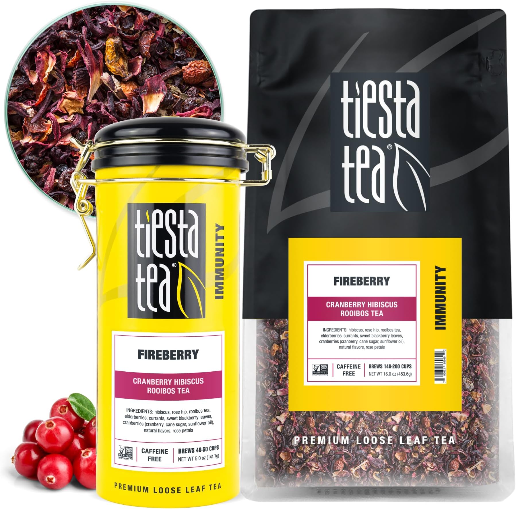 Tiesta Tea - Fireberry Cranberry Hibiscus Loose Leaf Tea, Premium Caffeine-Free Rooibos Blend, Brew Hot or Iced, Makes Up to 250 Cups, 16oz Bulk Pouch & 5oz Refillable Tin Set