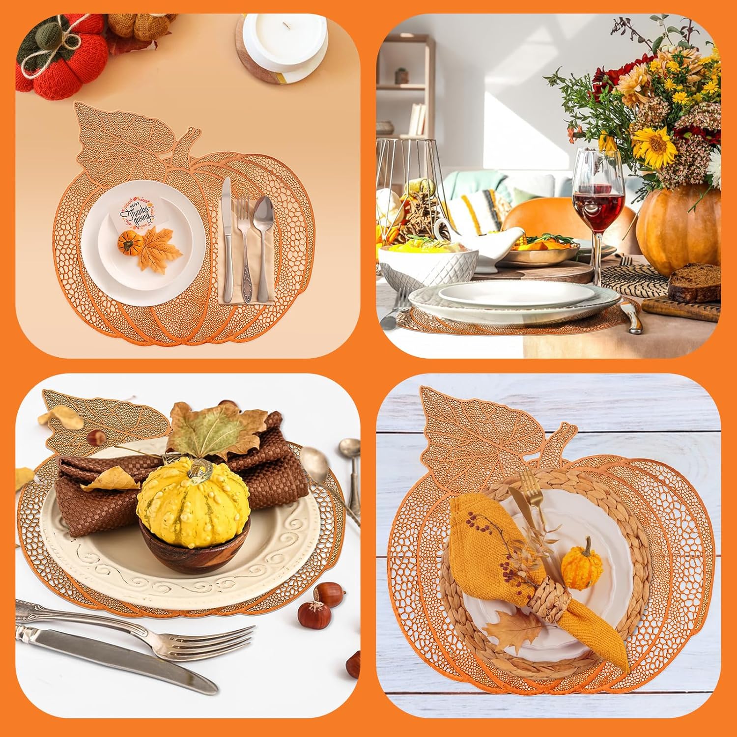 12 Pcs Pressed Vinyl Fall Pumpkin Place Mats, Autumn Harvest Farmhouse Table Place Mats, Heat Resistant Pumpkin Placemats for Fall Thanksgiving Halloween Party Table Decoration -17" x 16", Bronze