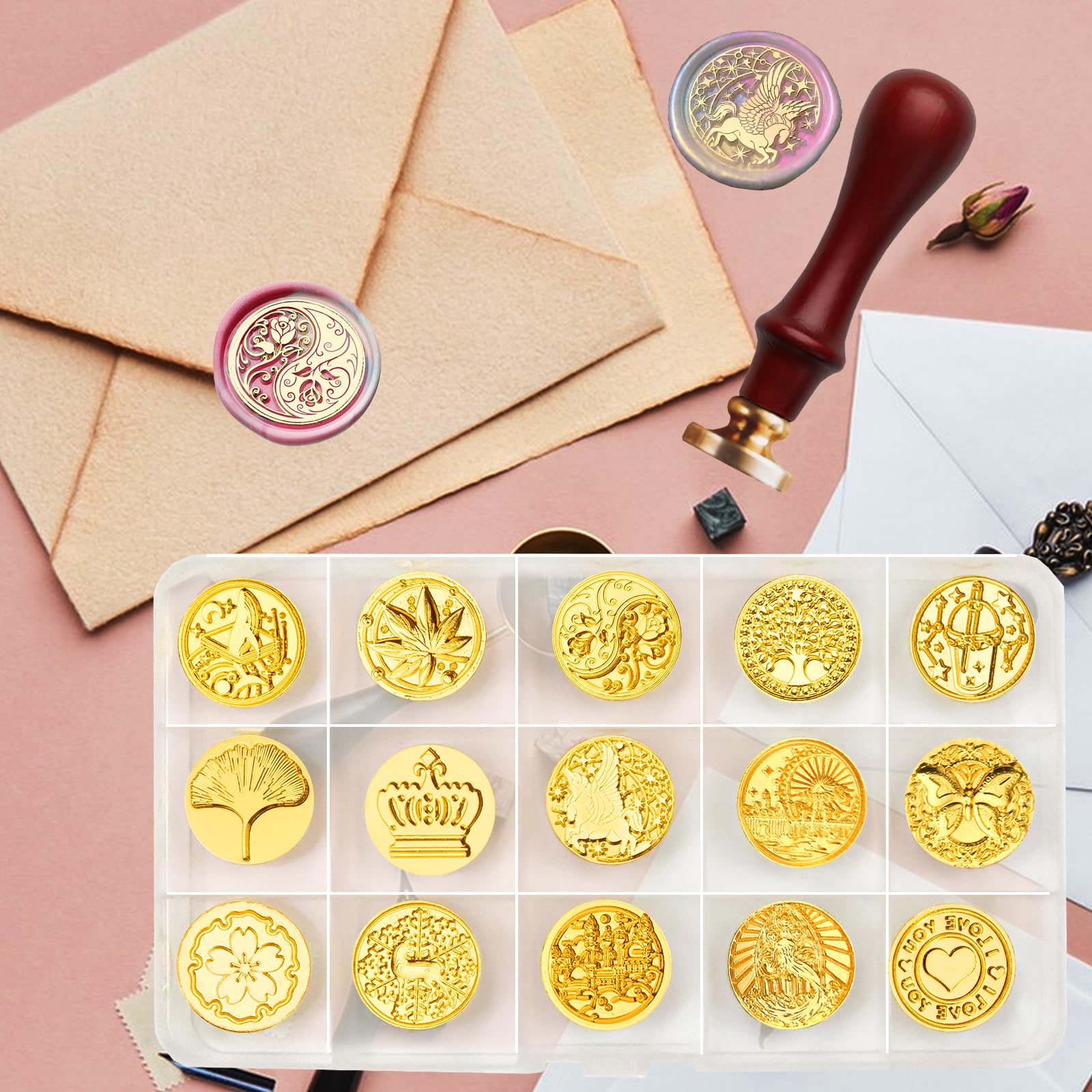 RUIJIE 15 Piezas Sello de Cera con 1 Mango de Madera Retro & 1 Caja de Almacenaje, Cabezal de Sello, Sello Lacre Kit, Cabezas de Sello de Lacre para sobre, Invitación, Adorno, Decoración de Regalo
