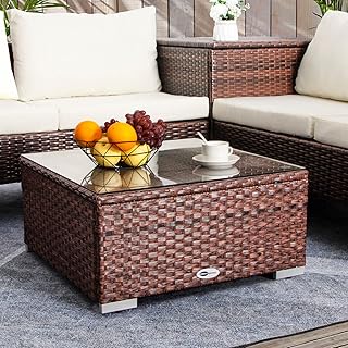 DIMAR GARDEN Outdoor Coffee Table Wicker Patio Small Table,Square Rattan Side Table with Glass Top,Deck Porch Backyard(25....