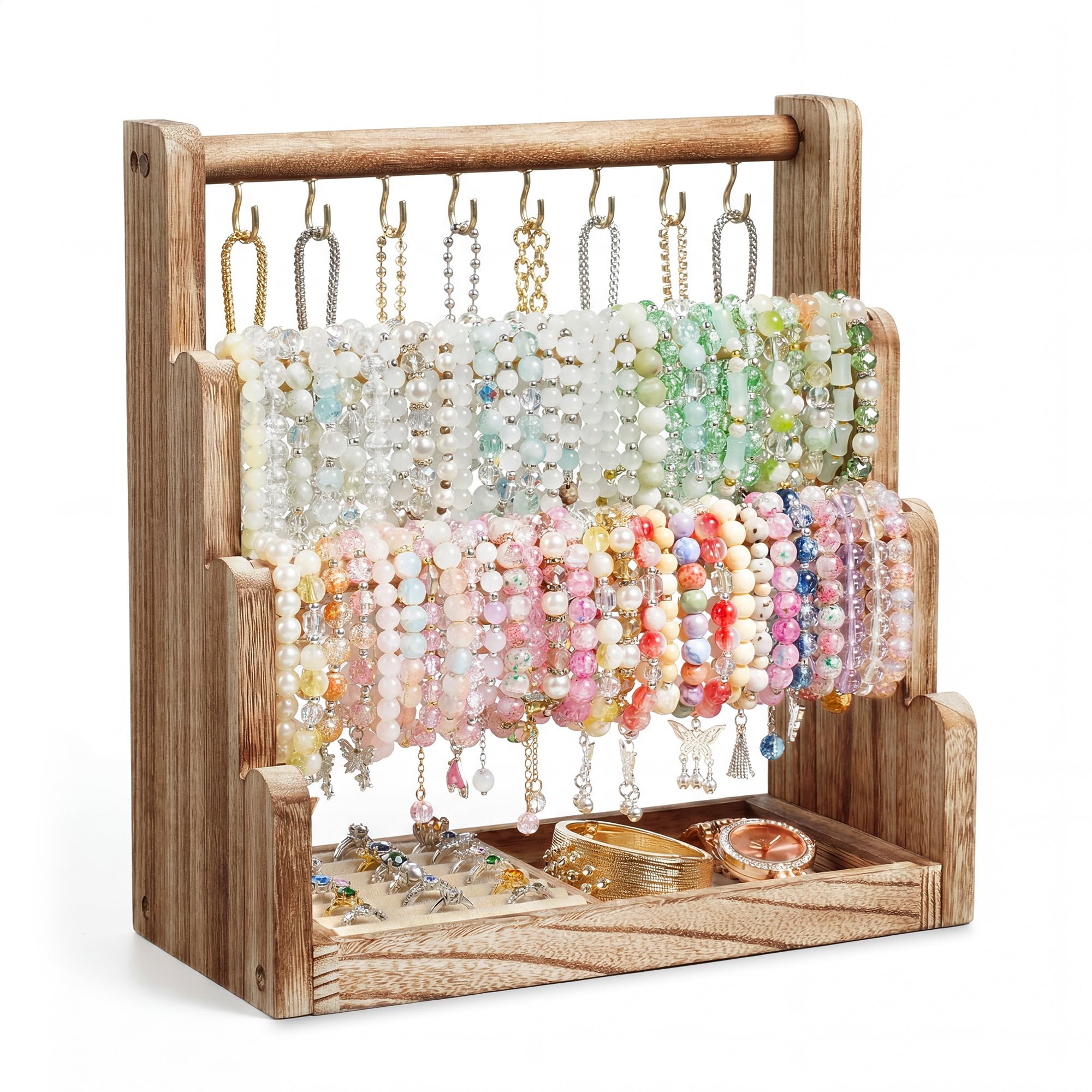 Porte bijoux femme en bois vintage à 4 niveaux pour bagues et colliers
