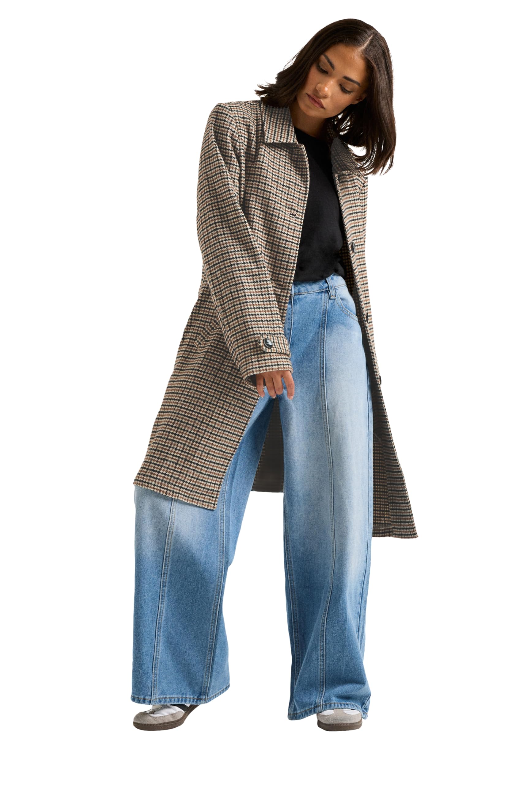 Pixiegirl Women's Medium Beige Petite Check Midi Coat In | Size: 14