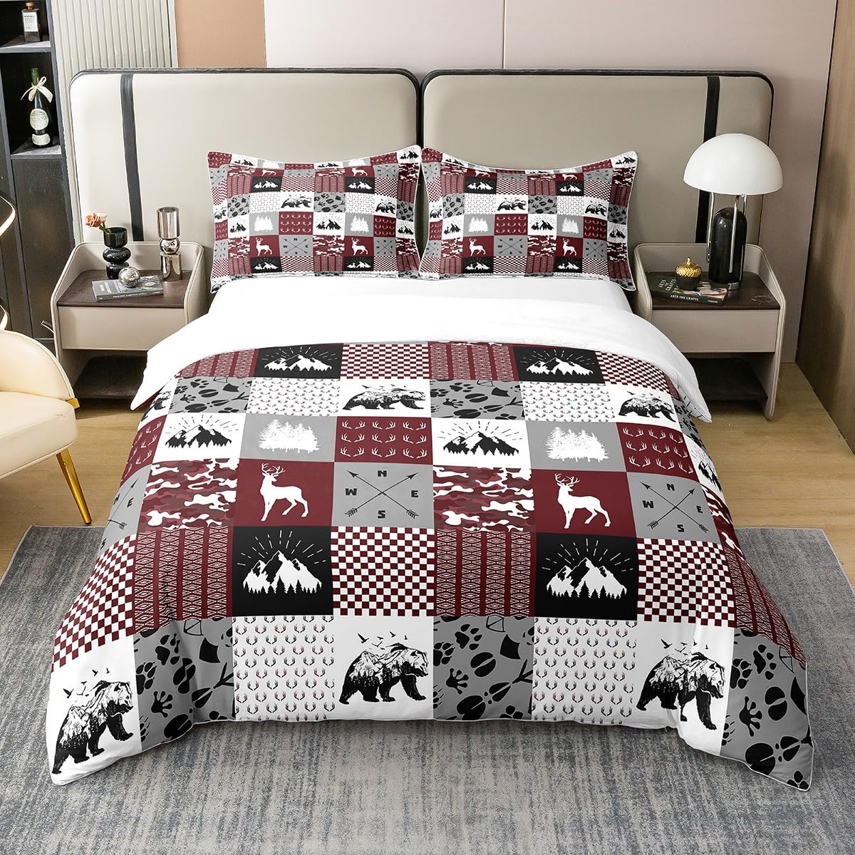 Set Biancheria Letto King Size Patchwork Con Cervi - Reversibile, Morbida Microfibra, 3 Pezzi (Trapunta 269x244 Cm + 2 Federe)