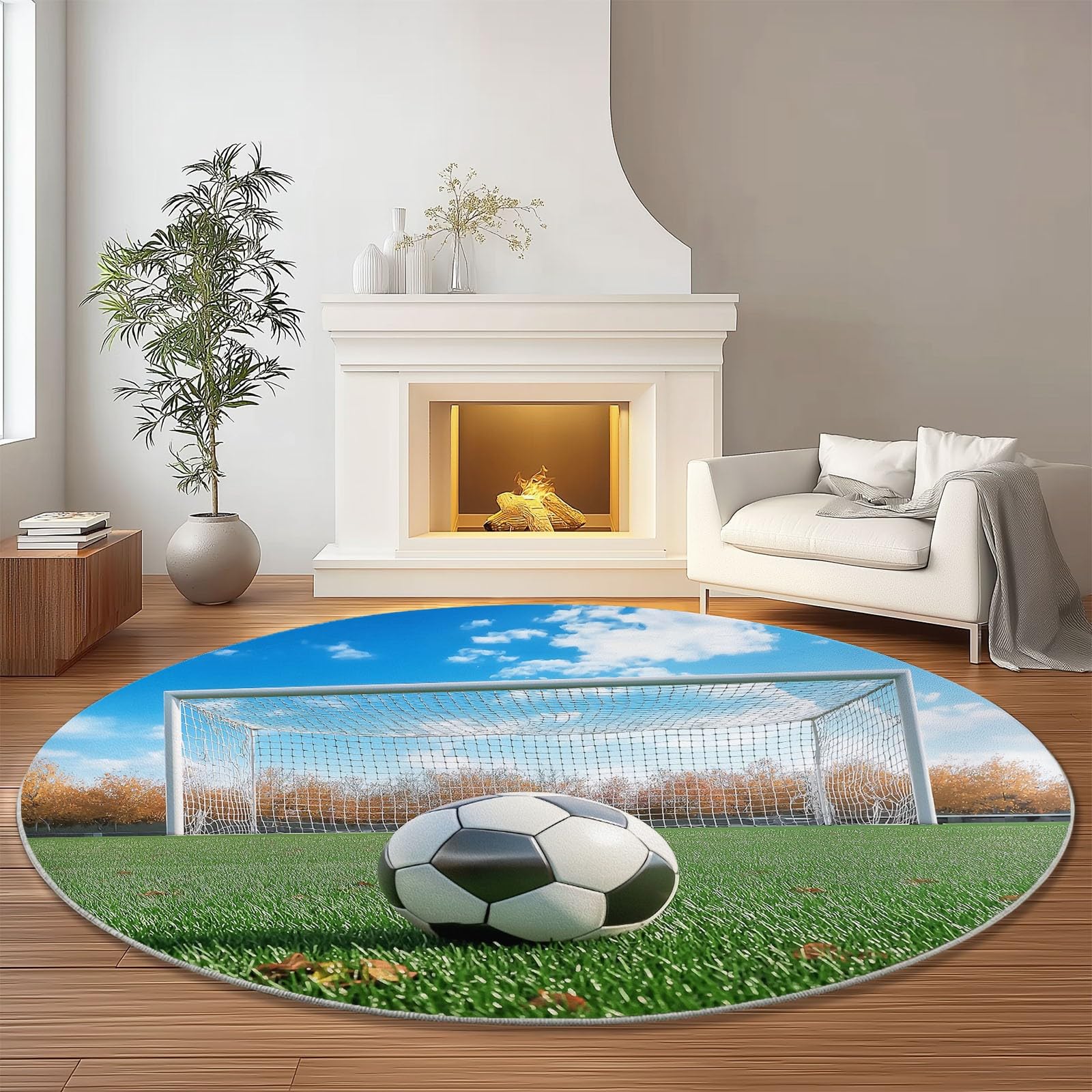 Generisch Teppiche Runde Waschbarer Sport Gras Fußball Thema, Grün Muster Rutschfester Runder Teppich für Schlafzimmer Kinderzimmer Büro Korridor, Pflegeleicht Runde Teppich 150 cm