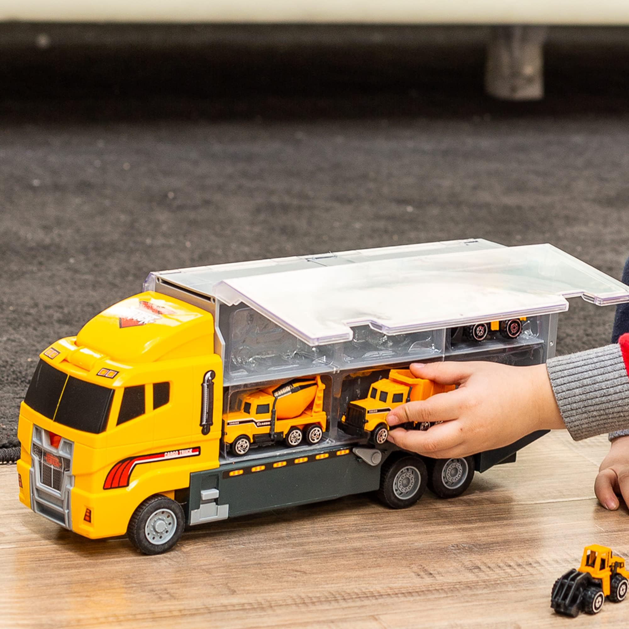 JOYIN Lot de 11 mini camions de construction moulés sous pression - Avec 8 figurines techniques - Cadeau d'anniversaire d'enfant pour garçons à partir de 3 ans