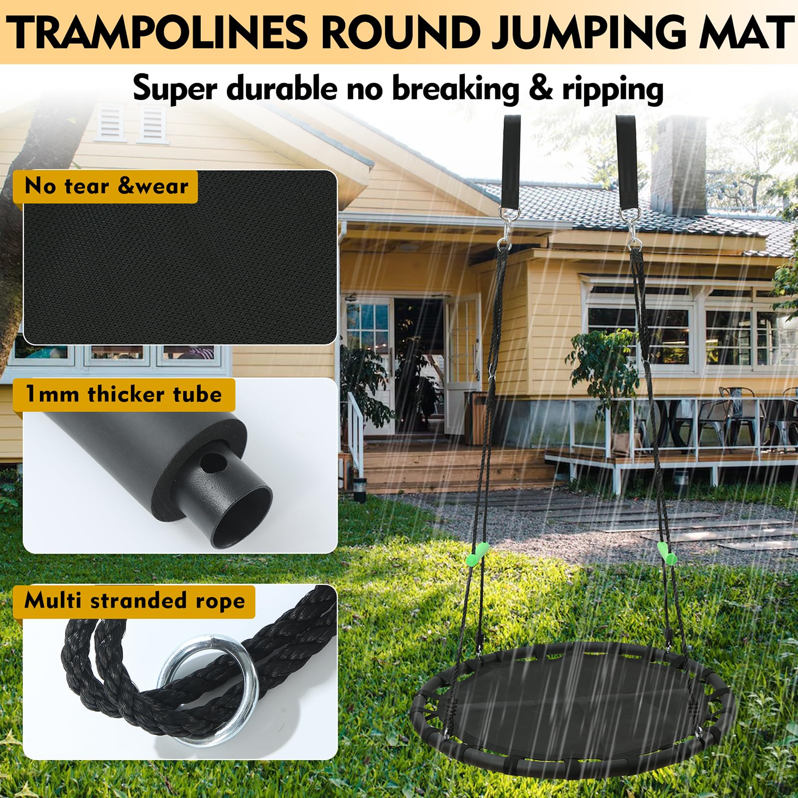 YSEJOMP Black Round Saucer Swing with Handles and 5FT Extra Straps -Made of Sturdy Frame,PP Mat,Adjustable Multi-Strand Ropes,Safe and Durable for Yard Garden Playground Park (40 inches Diameter)
