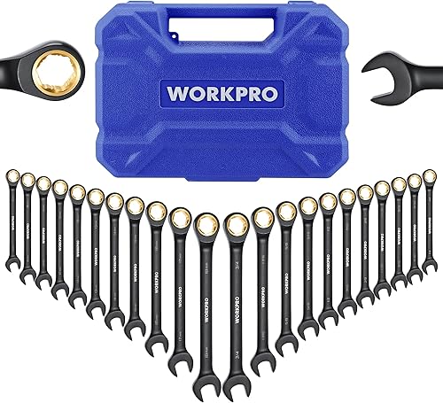 WORKPRO Juego de llaves de trinquete de 22 piezas, 72 dientes, juego de llaves combinadas de trinquete antideslizantes con caja organizadora,