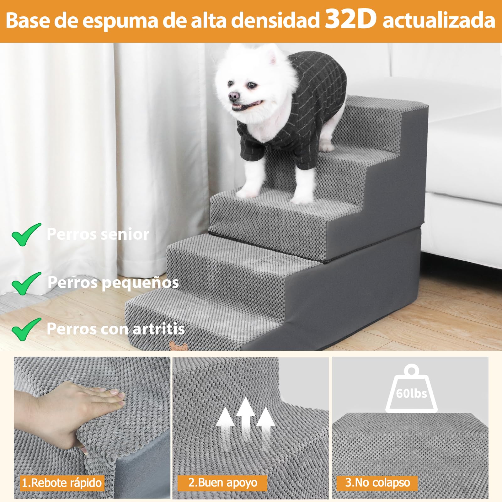 Nepfaivy Scaletta per Cani - Scala per Cani e Gatti per Salire sul Letto, Gradini con Copertura Rimovibile e Lavabile, Grigio, 76x40x56cm