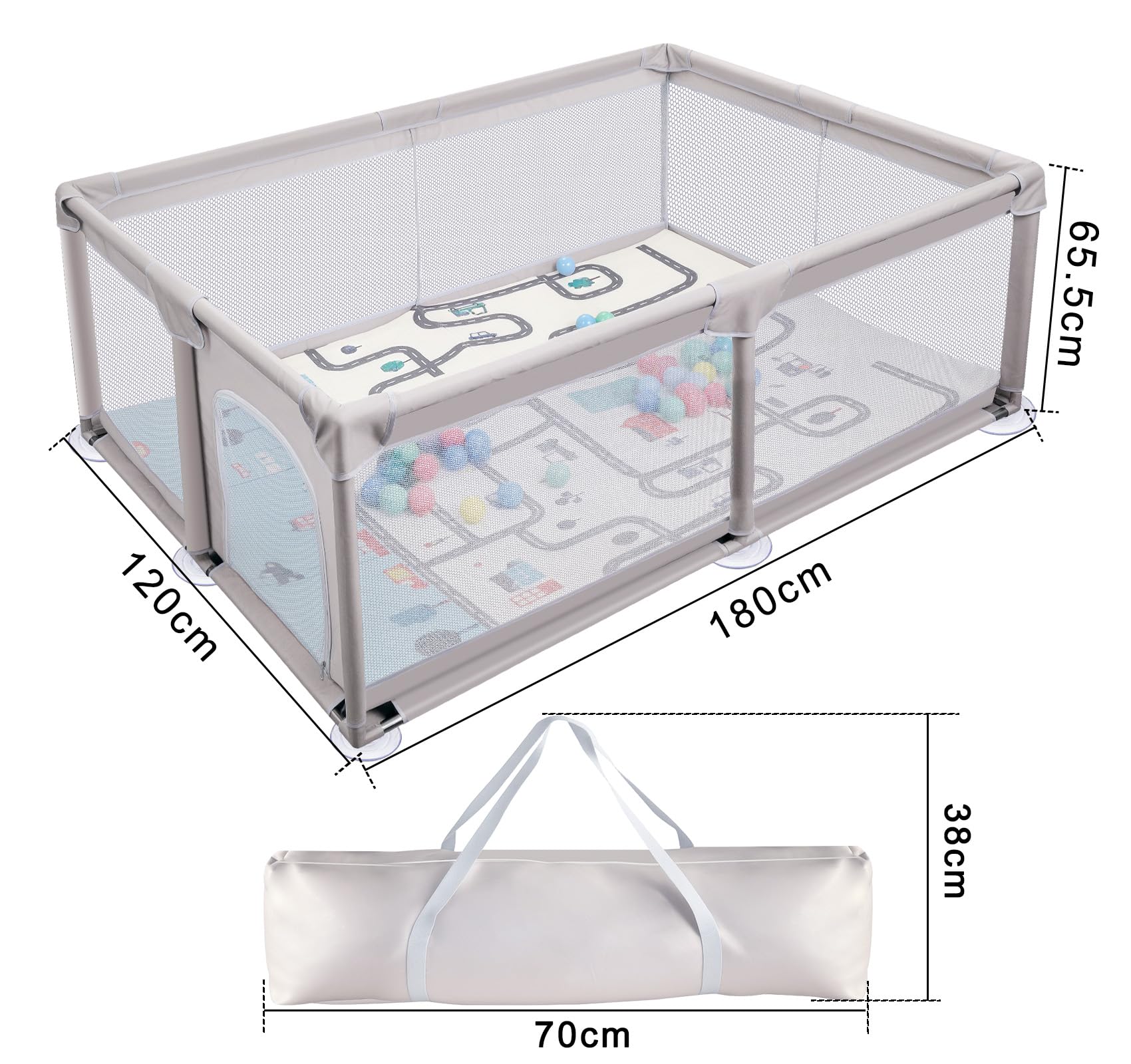 Laufstall Baby mit Matratze 120x180cm, Großes Laufgitter für 2-3 Kinder, Playpen Atmungsaktiver 600D Oxford-Stoff mit Rutschfesten Saugnapf-Füßen, für Einfamilienhaus Große Familienwohnung