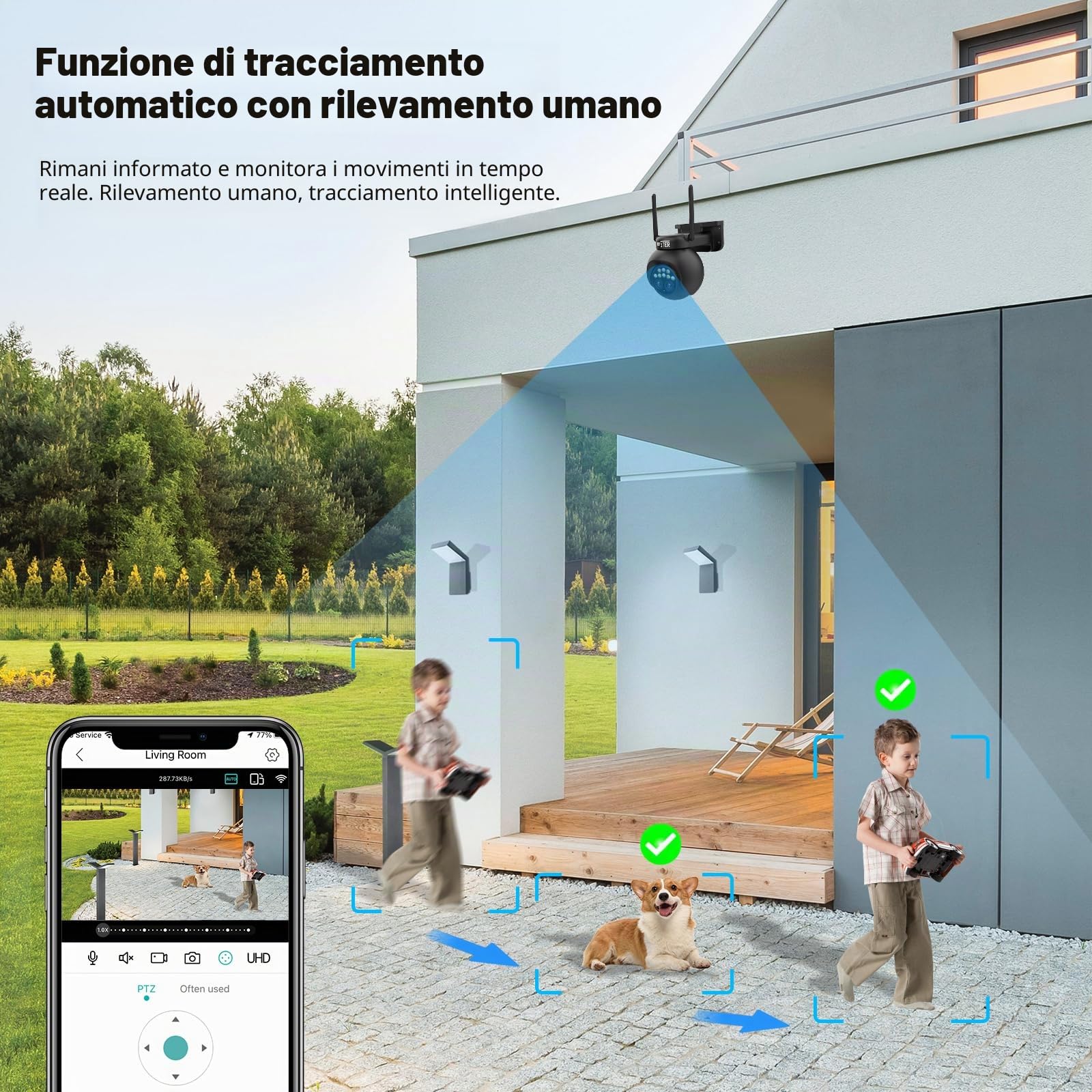ENSTER PTZ Telecamera Wi-Fi Esterno con Doppio Obiettivo, 8X Zoom Híbrido,Visione Notturna a Colori,Audio Bidirezionale