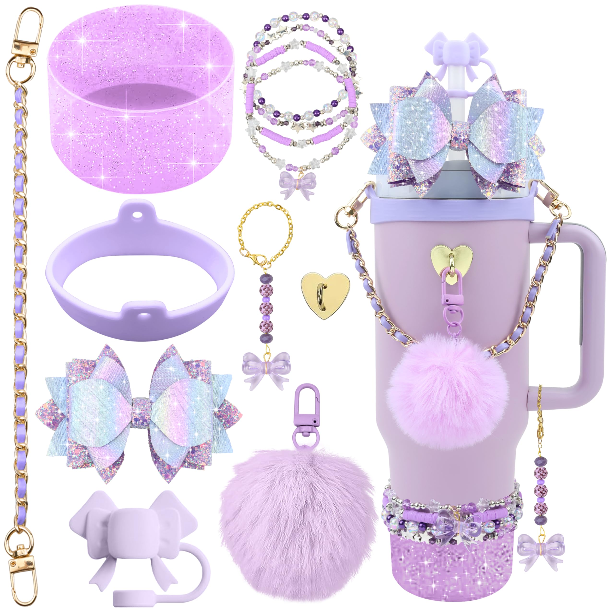 Hpebl 12PCS Accessories for Stanley Cup 40oz&30oz Tumbler Accessories including Silicone Cute Purple Bow Straw Topper Cover Silicone Stanley Boot