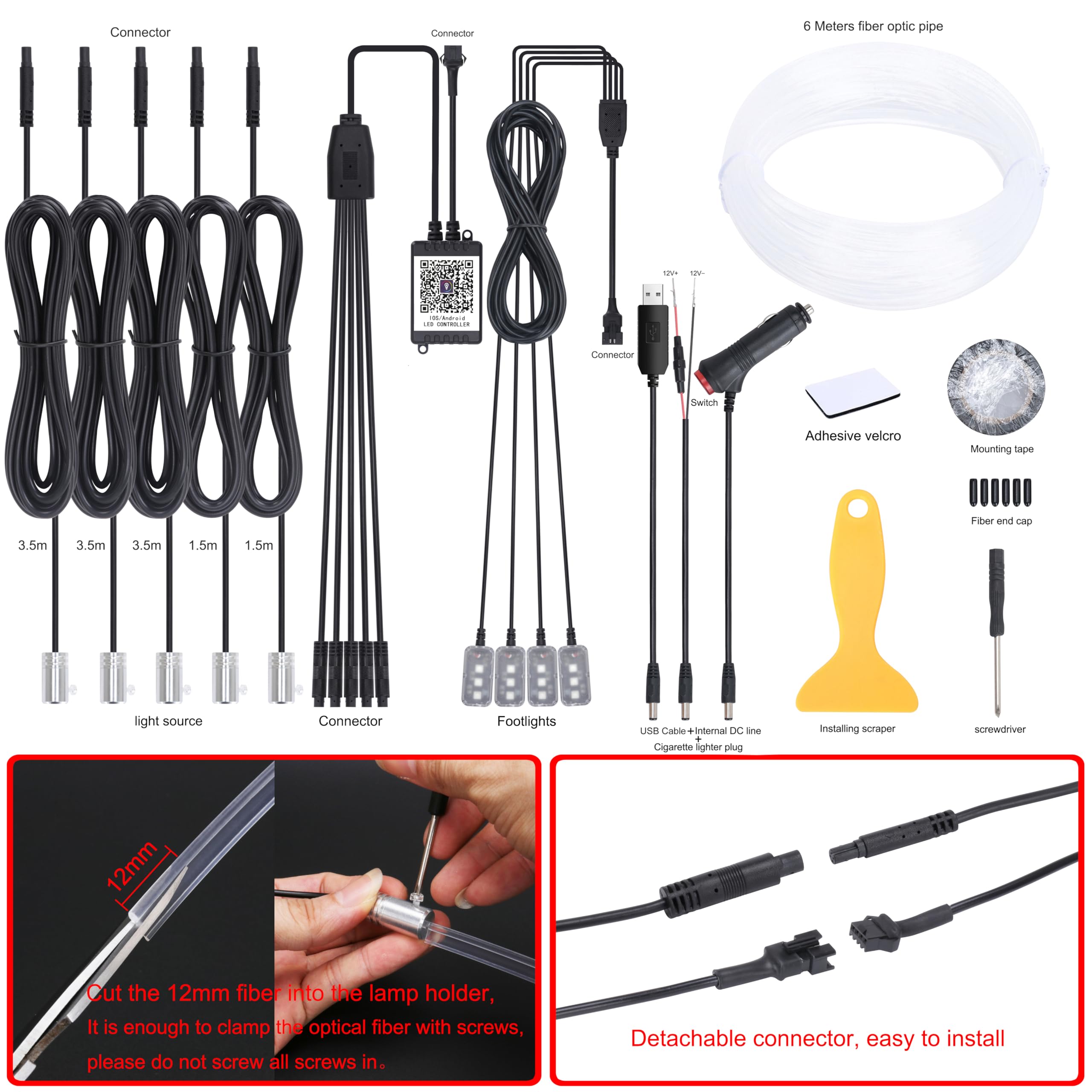 QAUBEN Car Ambient Lighting 64 Colors Multicoloured Music Optic Fiber Cable APP Control Car DIY Decorative Footwell Atmosphere Lighting 12V 1W 6m