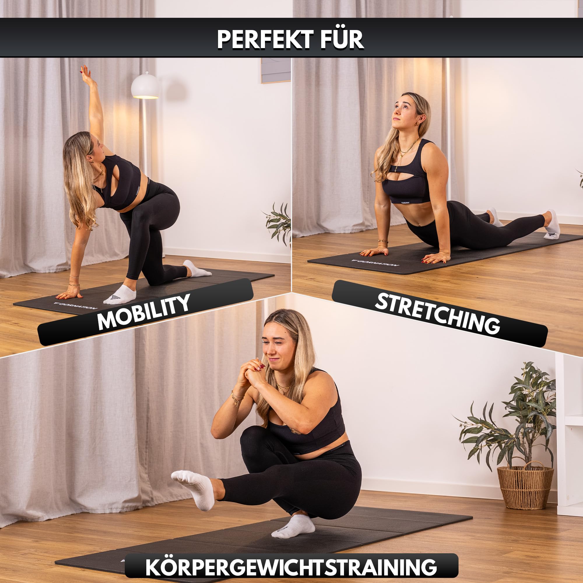 GORNATION Faltbare Yogamatte – Rutschfeste Fitnessmatte für Zuhause & Outdoor, Weiche Gymnastikmatte mit Tragegurt, Klappbare Trainingsmatte für Yoga, Pilates, Stretching & Home Gym, 180x65cm