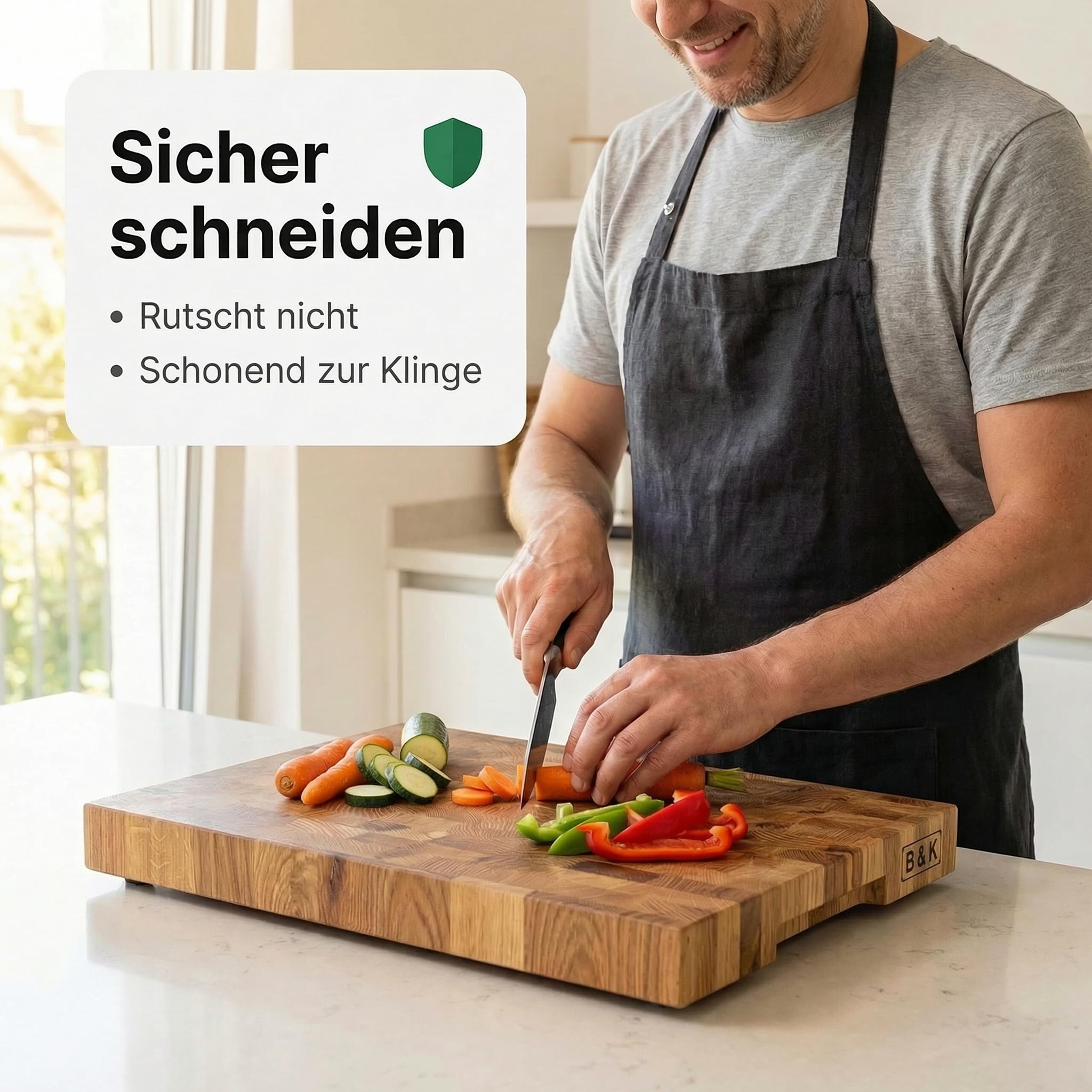 B4K Hackblock aus Eiche Stirnholz 37×27×4,3 cm inkl. Ständer | Geölt, Griffmulden, Rutschfest mit Silikonfüßen, Messerschonend, BBQ & Grill