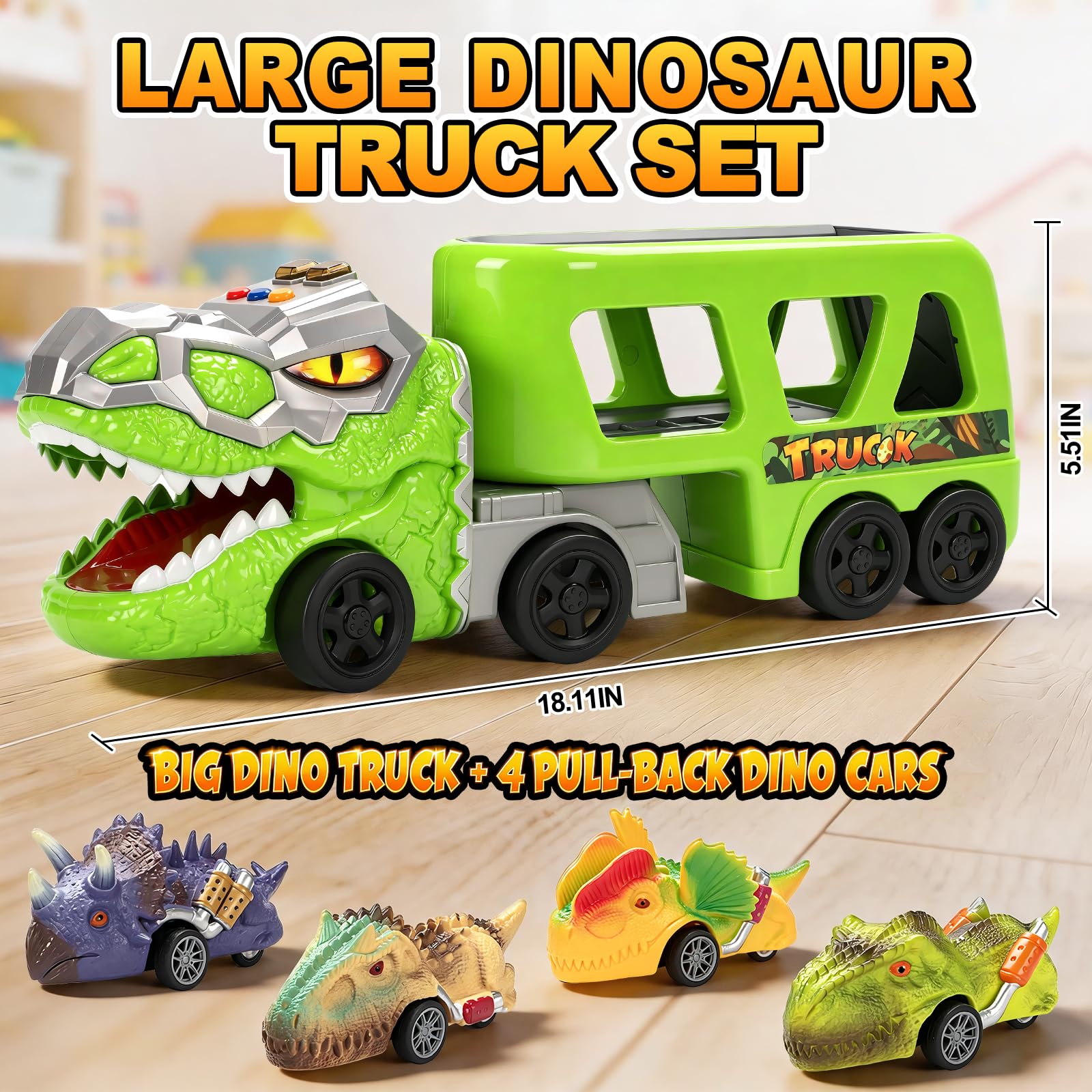 Dinosaur Truck Toys - Carrier & Pull-Back Cars -2