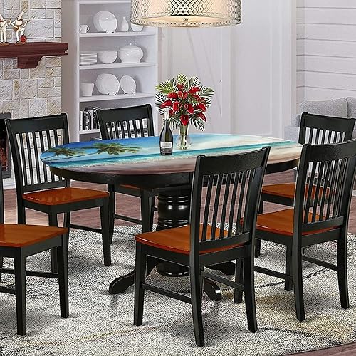 Miniatura 2 de XISUNYA Mantel ovalado ajustable de poliéster con bordes elásticos de orilla del mar, protector de mesa ajustable con estampado de árboles y vistas