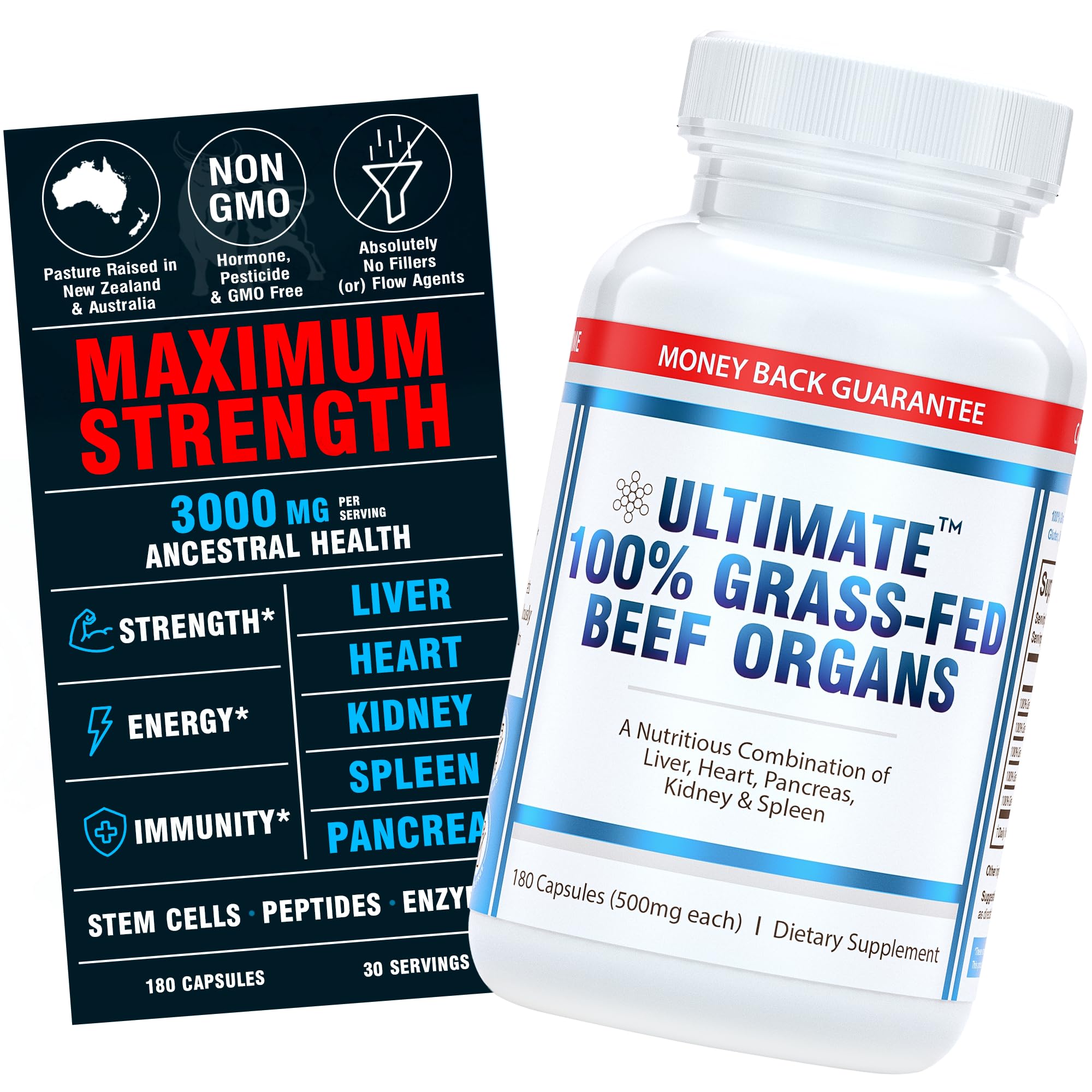 Ultimate 100% Grass Fed Beef Organs Supplement Supports Energy & Whole Body Wellness* with a Complex of Desiccated Beef Liver, Heart, Kidney, Pancreas & Spleen. Pesticide Free & Non-GMO, 180 Capsules