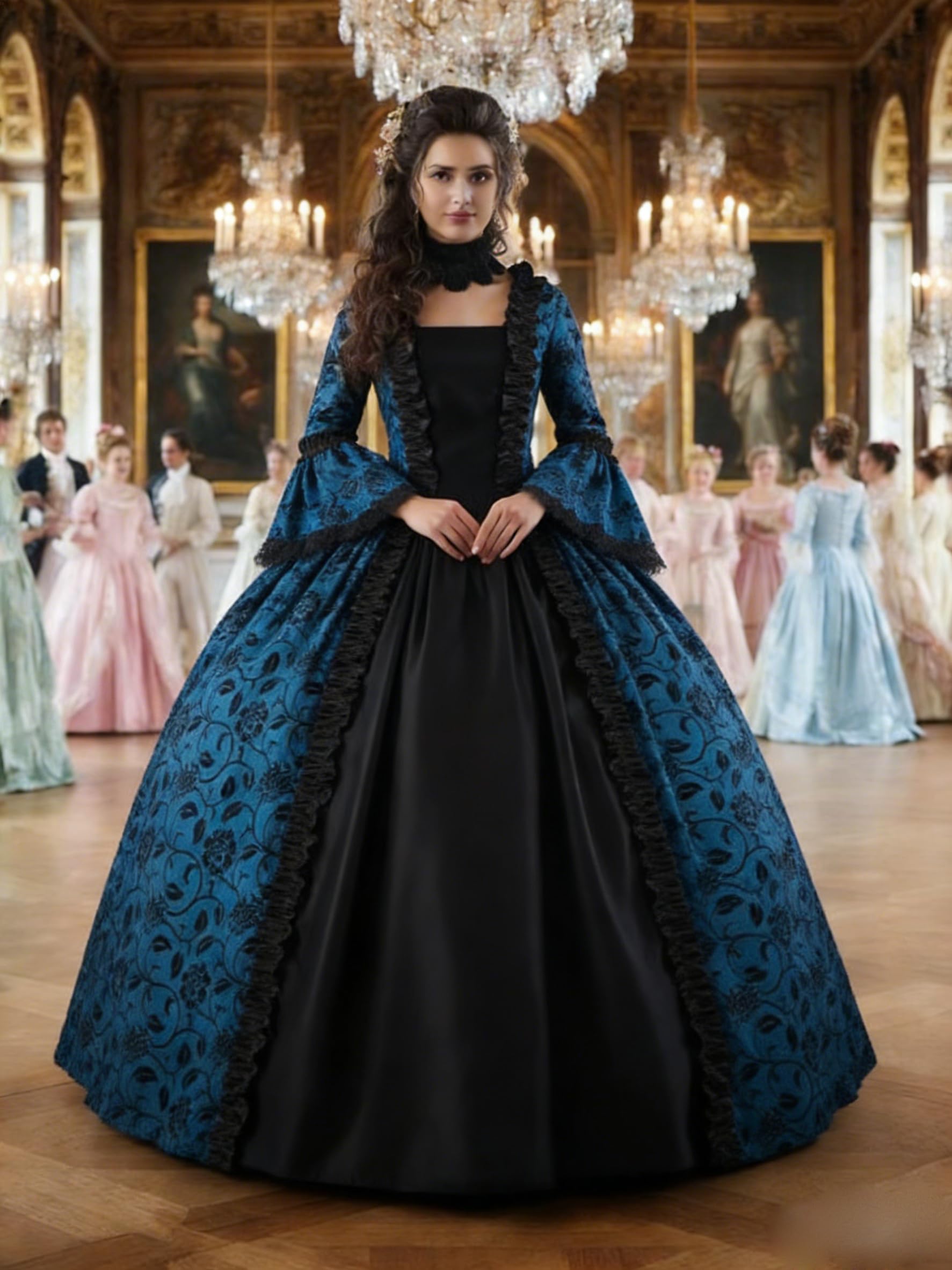 CountryWomen 18th Century Women's Rococo Ball Gown Printing Costumes Long  Gothic Victorian Dress Masquerade Theme Dresses(2XL, Blue and Black) : Buy  