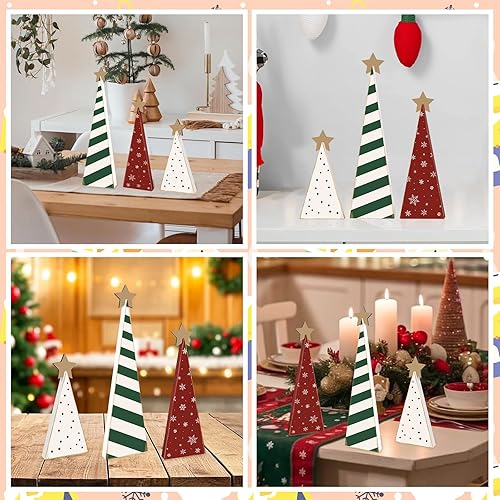 Miniatura 7 de 3 piezas de madera para árbol de Navidad, decoración de mesa de árbol de Navidad rojo, verde y blanco, letrero de árbol de madera con estrella para