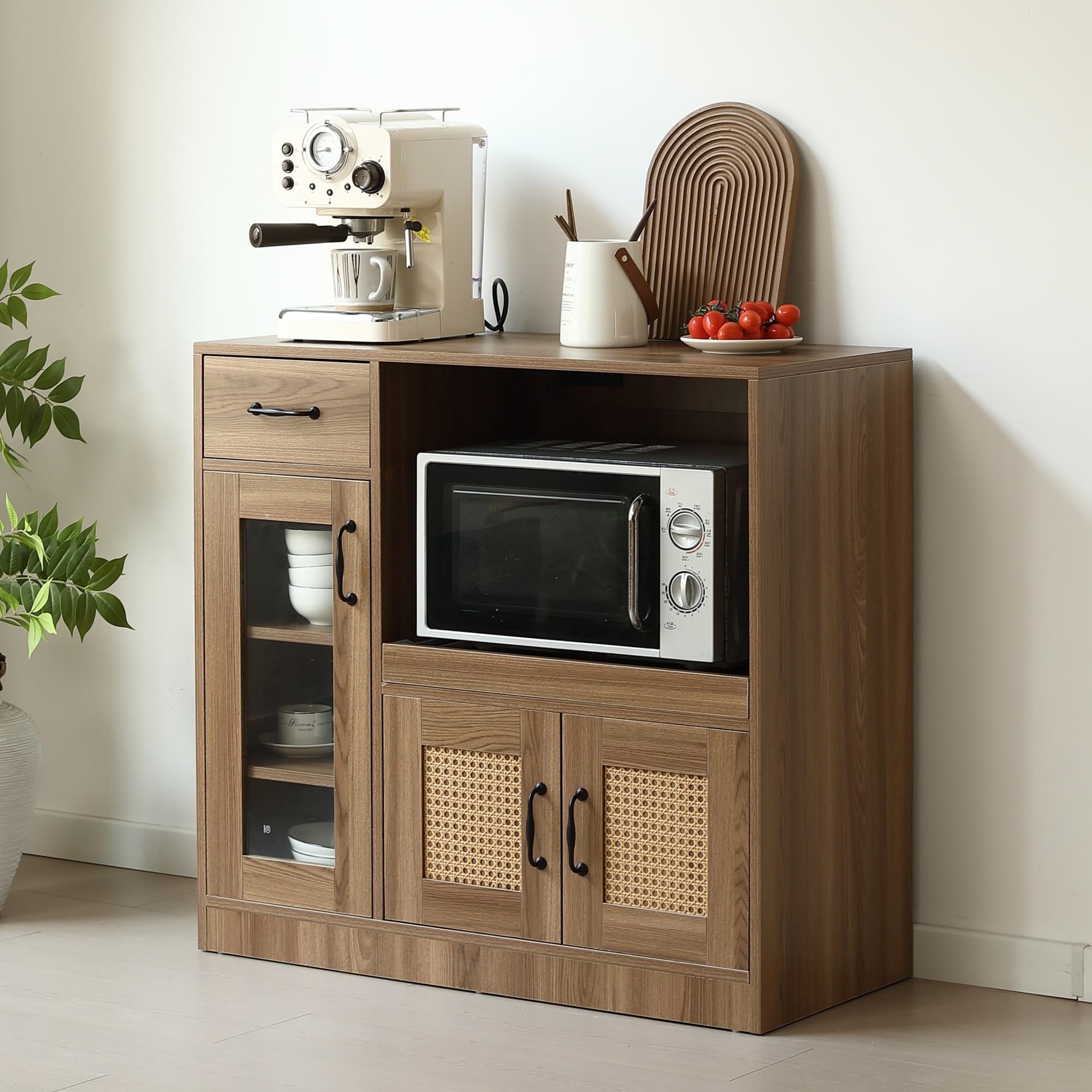 Amazon｜キッチンカウンター 食器棚 レンジ台 幅88cm ラタン調