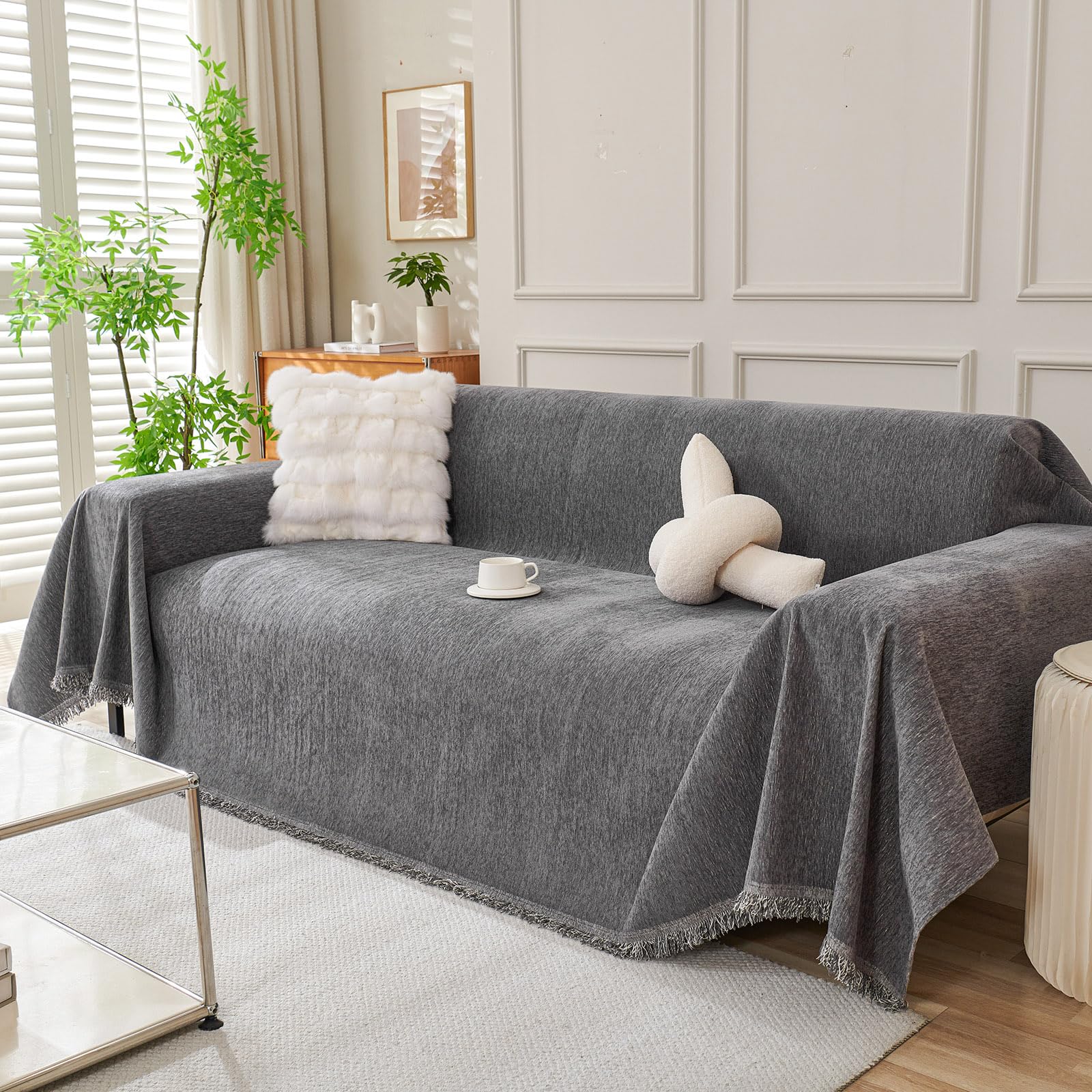 DREAMINGO Sofa Covers Washable Thick Chenille Couch Cover for 3 Cushion Couch Sofa Multi-Use Couch Cover Blanket Modern Pet Furniture Protector Sectional Couch Slipcover 91"x150", Dark Grey — image 1