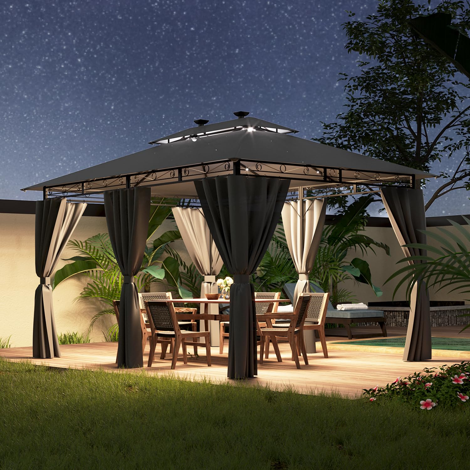 Devoko 3x4m LED Garden Gazebo in grey, showcasing its full dimensions and capacity for 6-8 people.