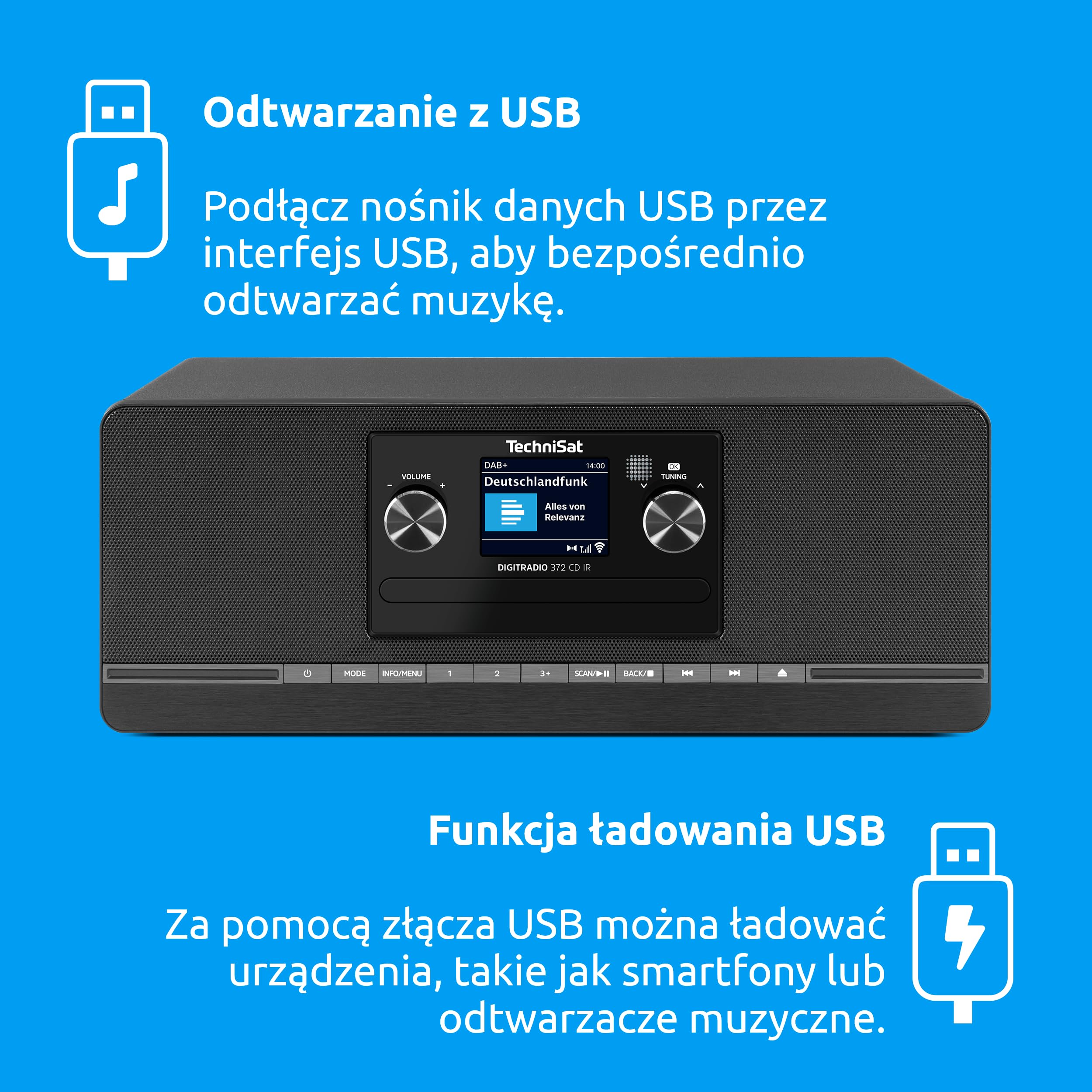 TechniSat DIGITRADIO 372 CD IR – stereofoniczne radio internetowe z DAB+, FM, odtwarzaczem CD, Wi-Fi, Bluetooth, kolorowym wyświetlaczem, USB, AUX, wyjściem słuchawkowym, 10 W, aplikacją, pilotem