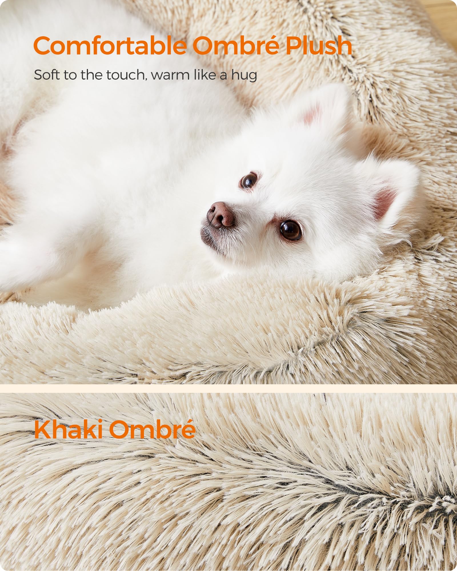 Feandrea Cuccia Cane Interno, Cuccia per Cani, Lettino per Animali Domestici a Ciambella, Cuscino Sfoderabile e Lavabile, Tappeto di Peluche, Diametro 70 cm, Cachi PGW039S01