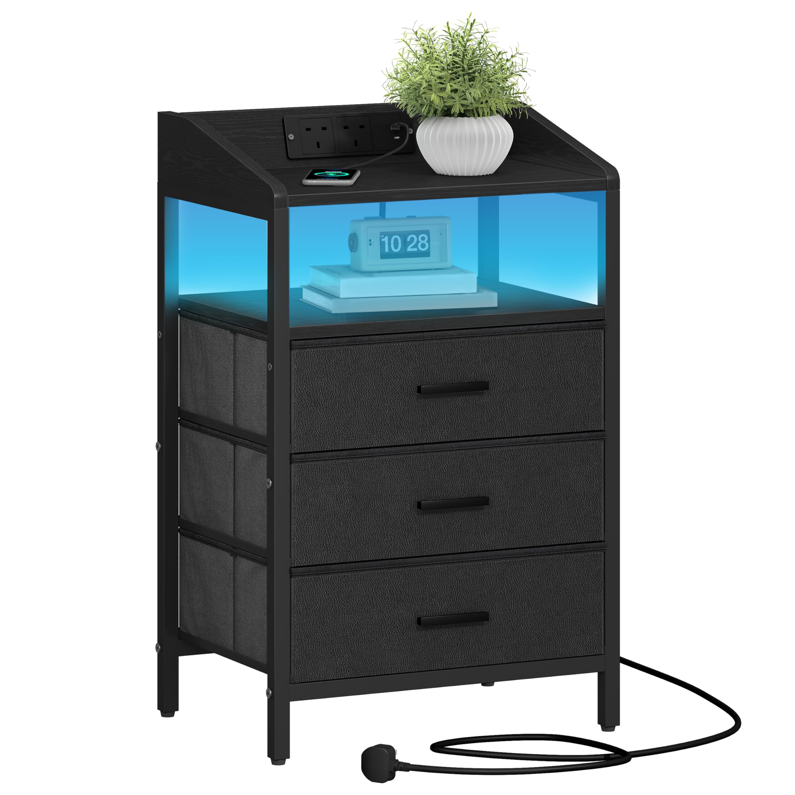 Hzuaneri Bedside Table with LED Lights and Charging Station, Bedside Cabinet with 3 Fabric Storage Drawers and Shelves, Nightstand with USB Ports & TypeC for Bedroom, Black NS36304B