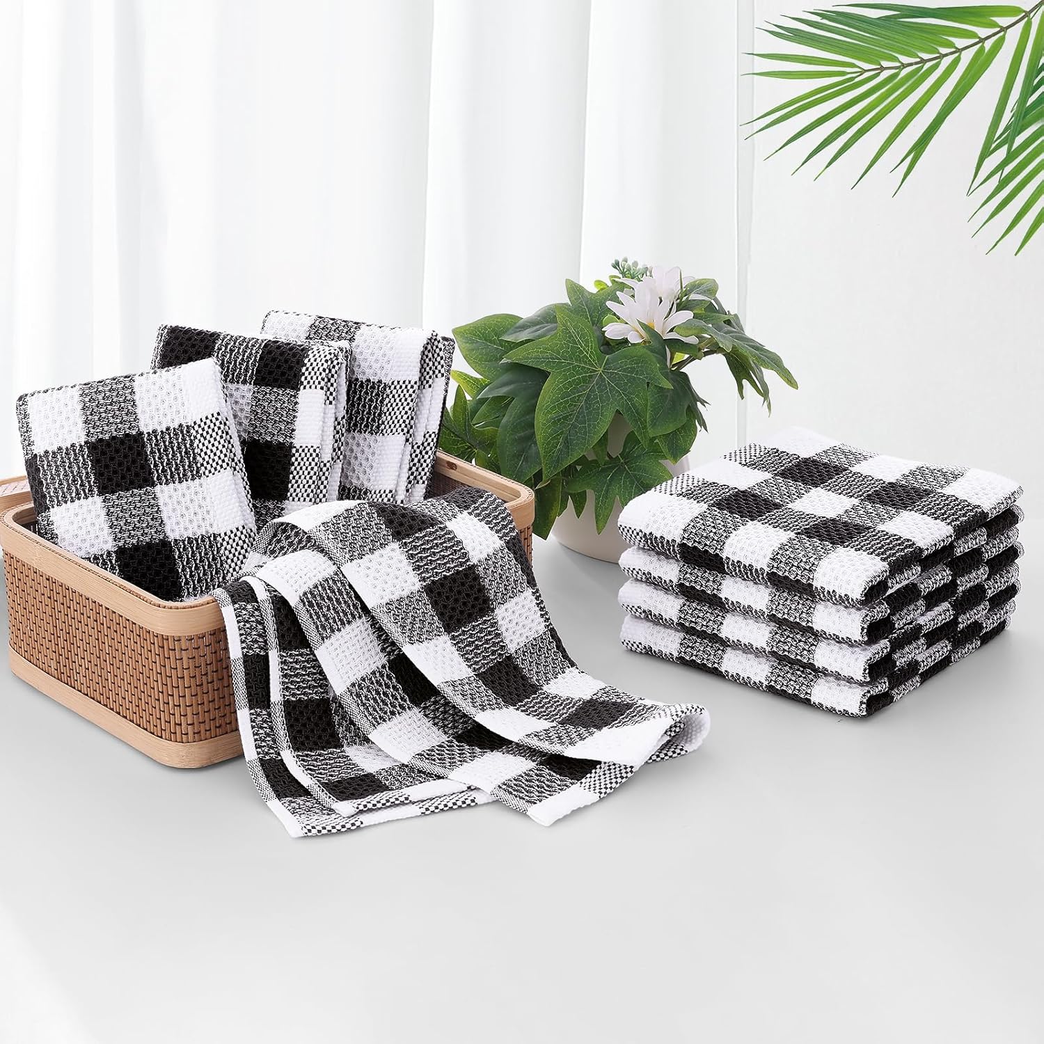 homing Buffalo Plaid Kitchen Towels and Dishcloths Set, 12" x 12" and 13" x 28", Set of 8 Bulk Cotton Waffle Weave Dish Towels, Super Soft Absorbent Hand Towels for Kitchen, Black & White - Image 6