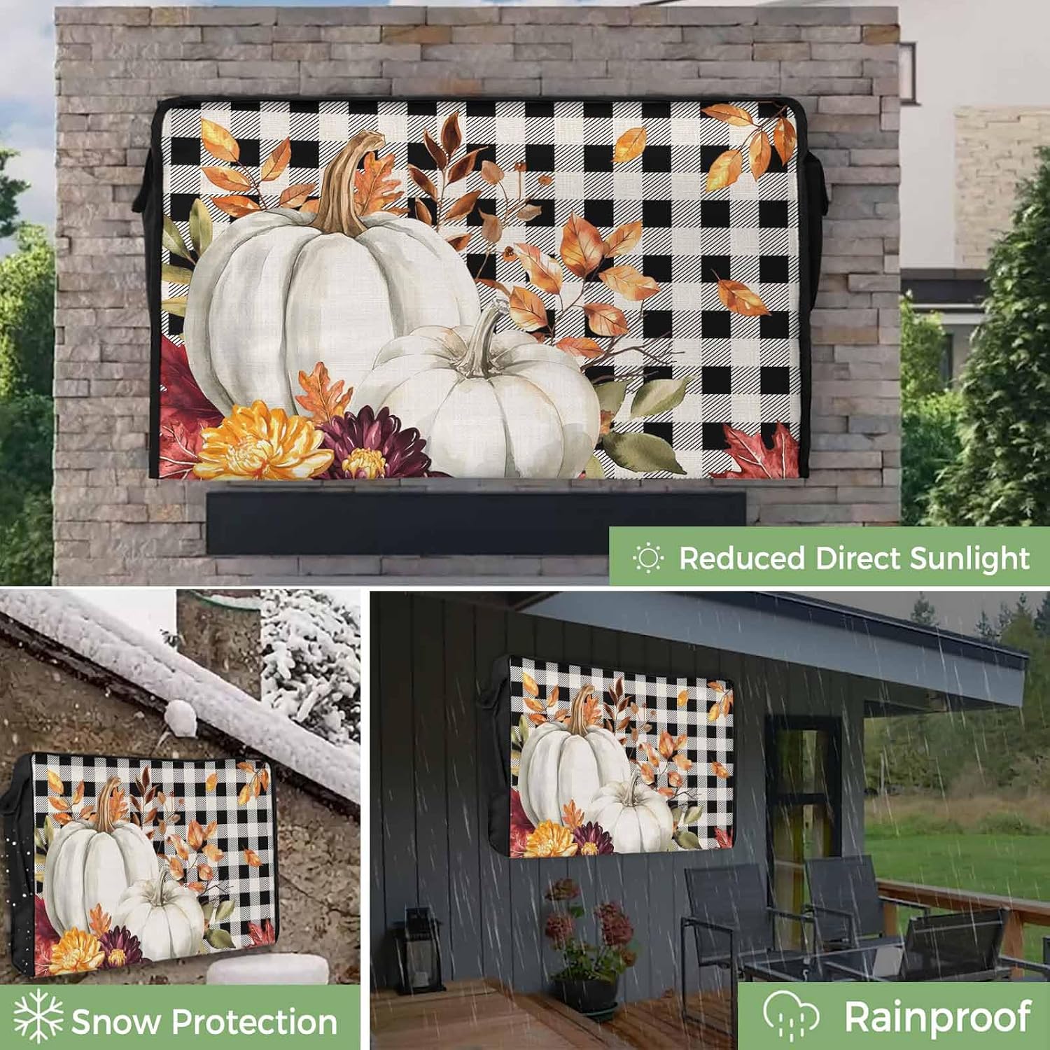 T&H XHome Pumpkin for Thanksgiving Outdoor TV Cover Fall Leaf Buffalo Plaid Waterproof and Weatherproof 36"-39" LCD Movable Shield TV Display Screen Protector Outside Television Covers 38" Wx24 H