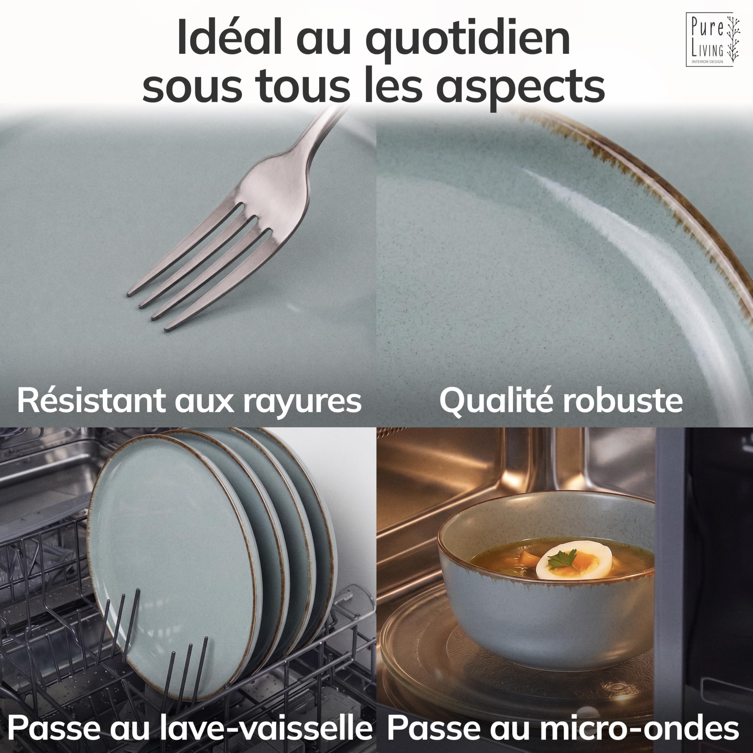 Assiettes creuses en grès Rustic - Lot de 6 - Vaisselle style maison de campagne Pure Living pour soupes, pâtes et salades - Passe au lave-vaisselle - Bleu fumé