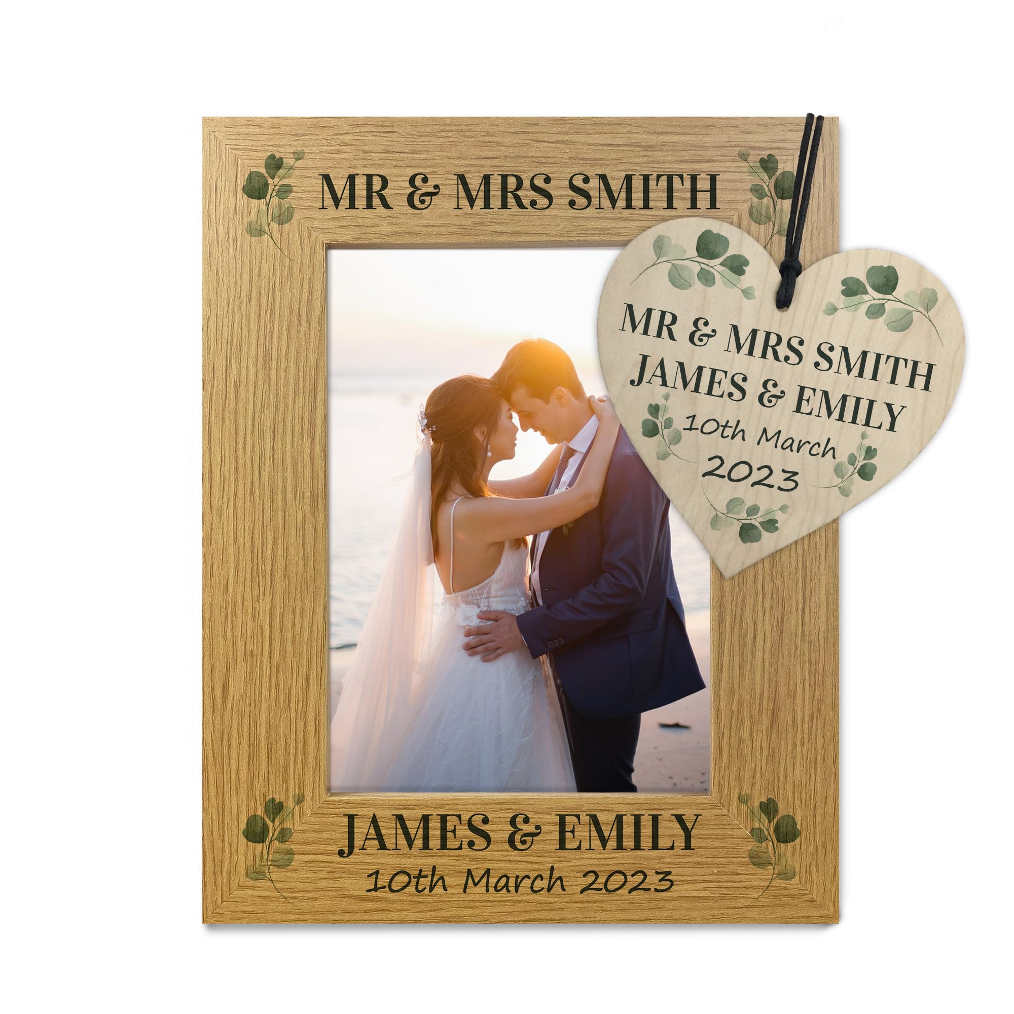 Personalised Wedding Gift Wooden Wedding Day 7x5 Oak Photo Frame and Wood Heart, Wedding Gift For Bride and Groom, Personalised Wedding Gifts For Couple, Wedding Anniversary